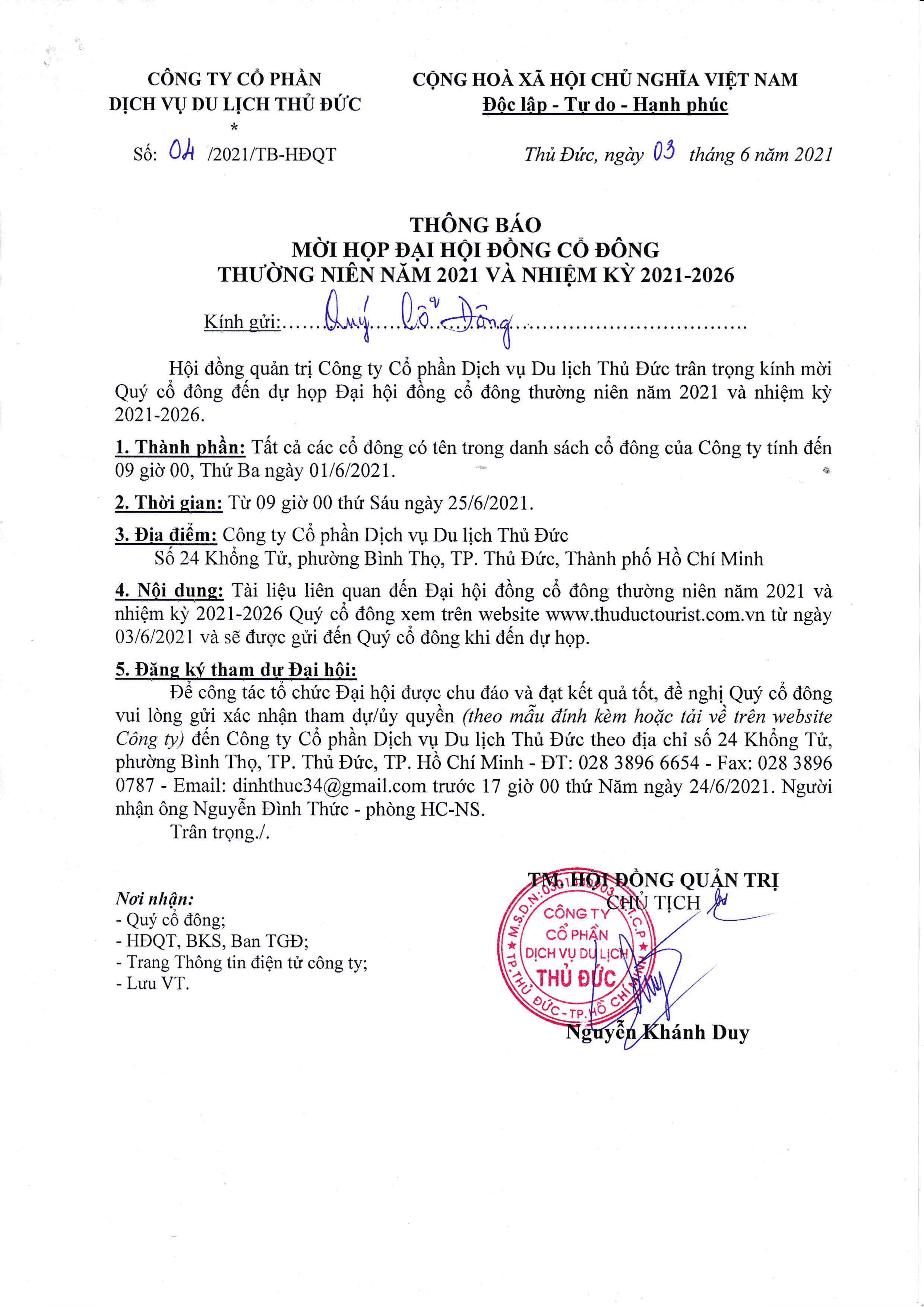 Thông báo mời họp Đại hội đồng cổ đông thường niên năm 2021 và nhiệm kỳ 2021-2026