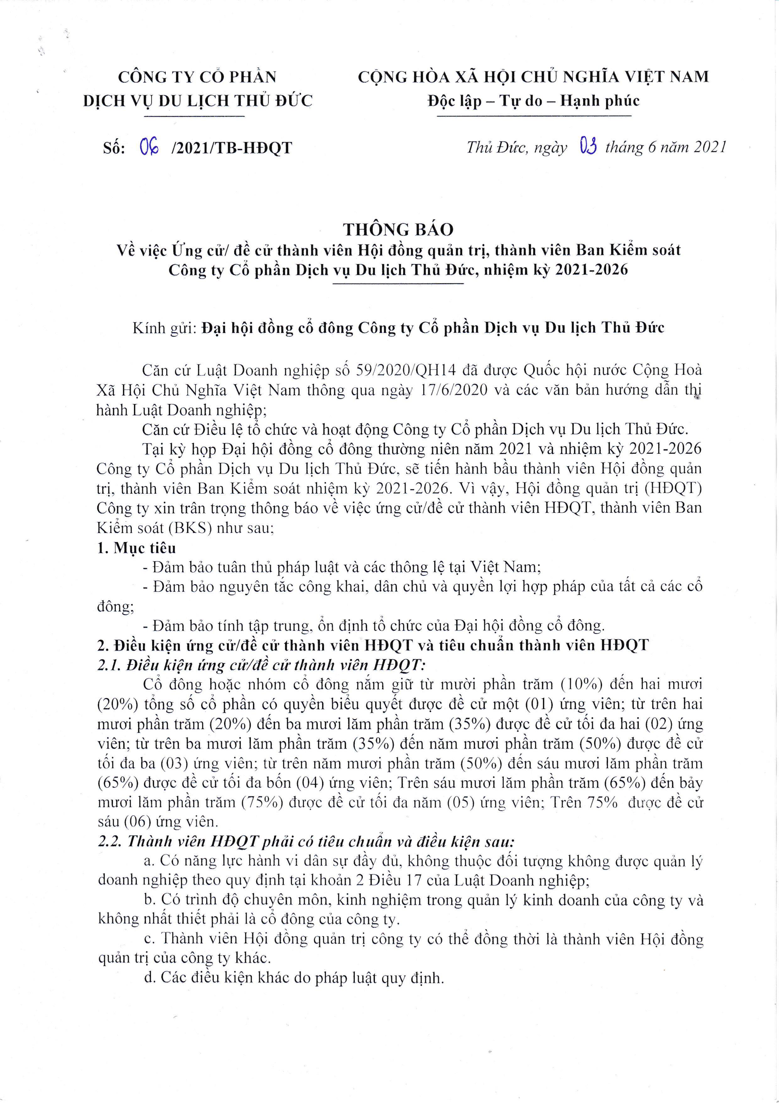 Thông báo Ứng cử thành viên Hội đồng quản trị, thành viên Ban Kiểm soát Công ty Cổ phần Dịch vụ Du lịch Thủ Đức, nhiệm kỳ 2021-2026