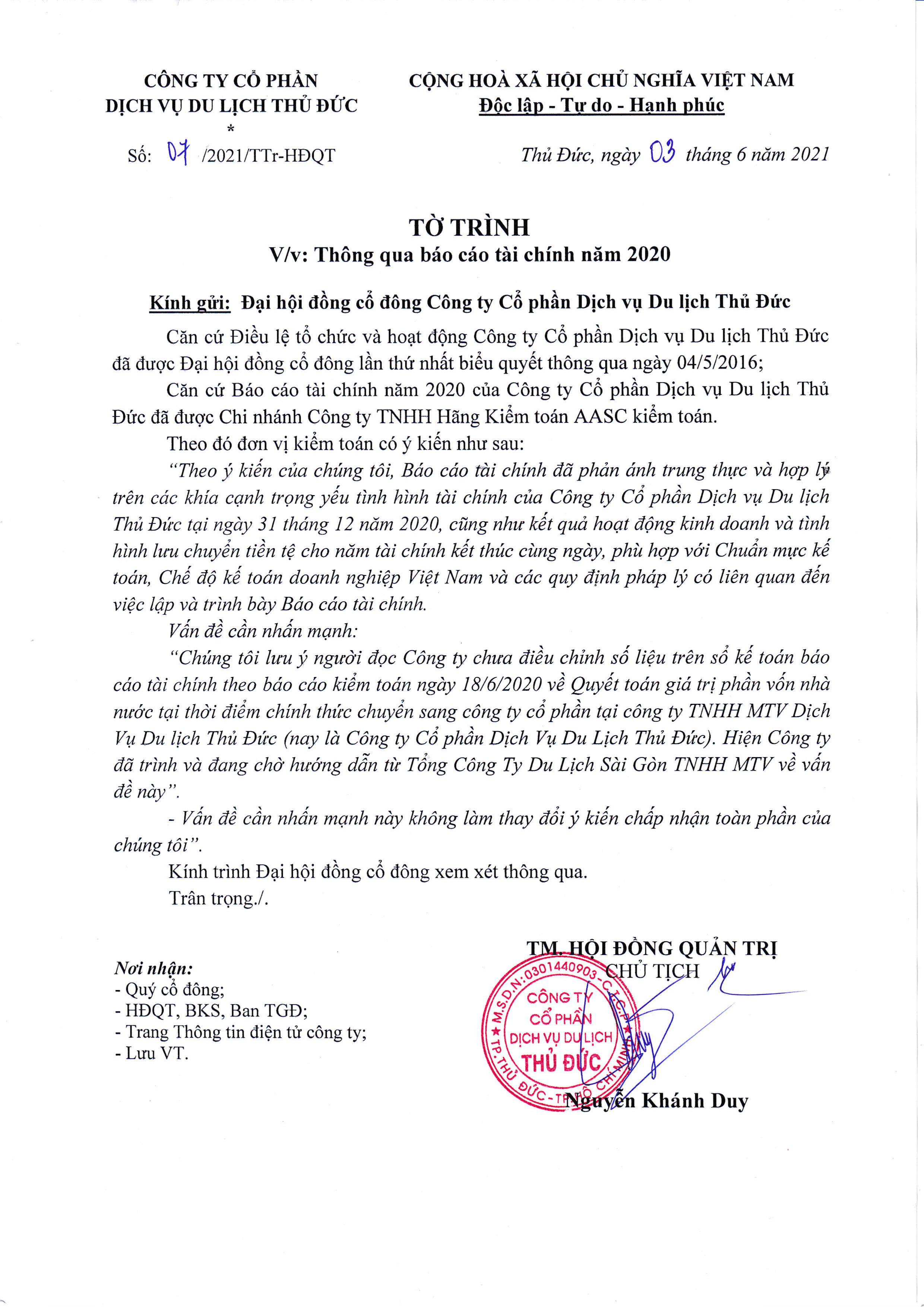 Tờ trình thông qua báo cáo tài chính năm 2020