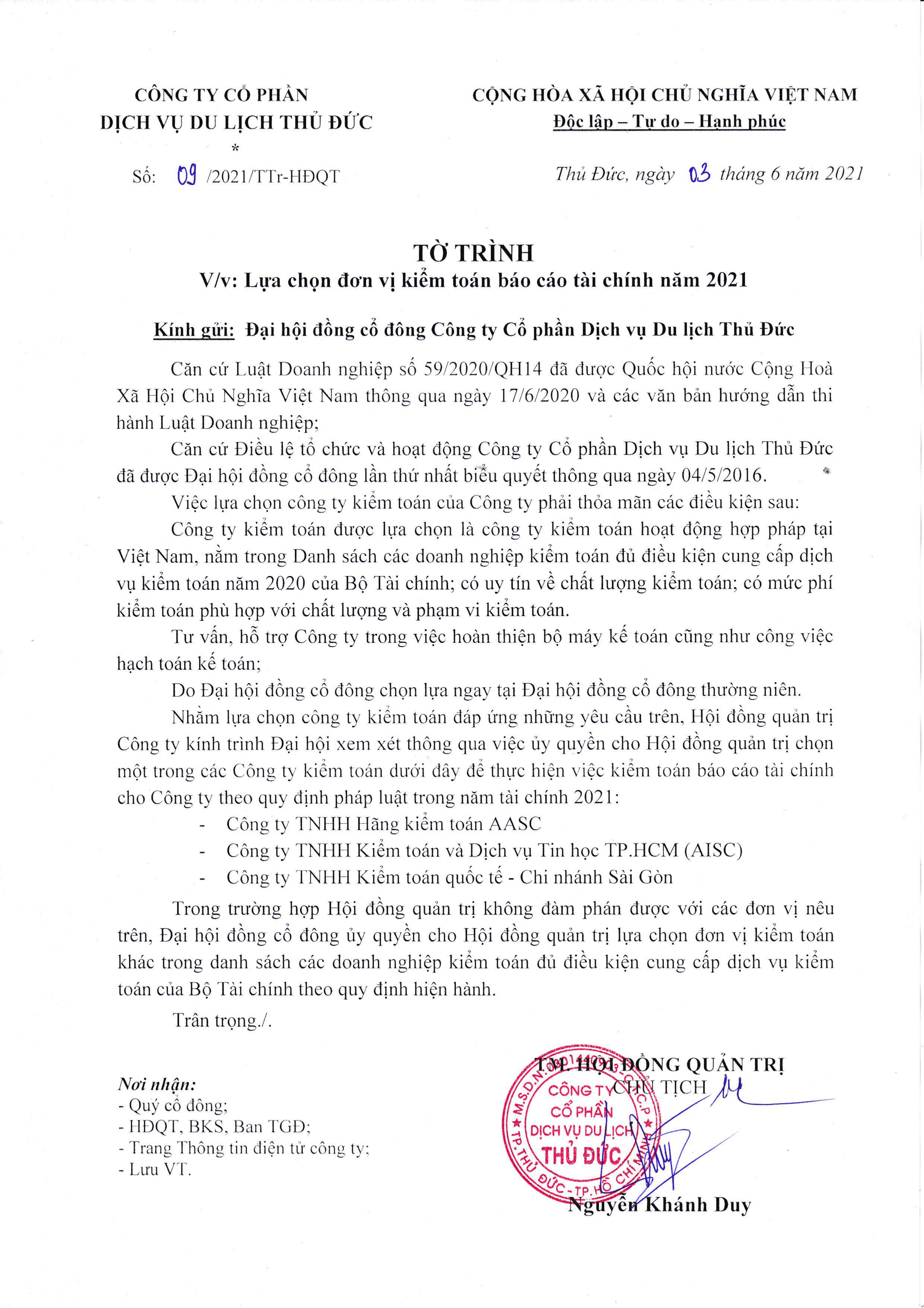 Tờ trình lựa chọn đơn vị kiểm toán báo cáo tài chính năm 2021