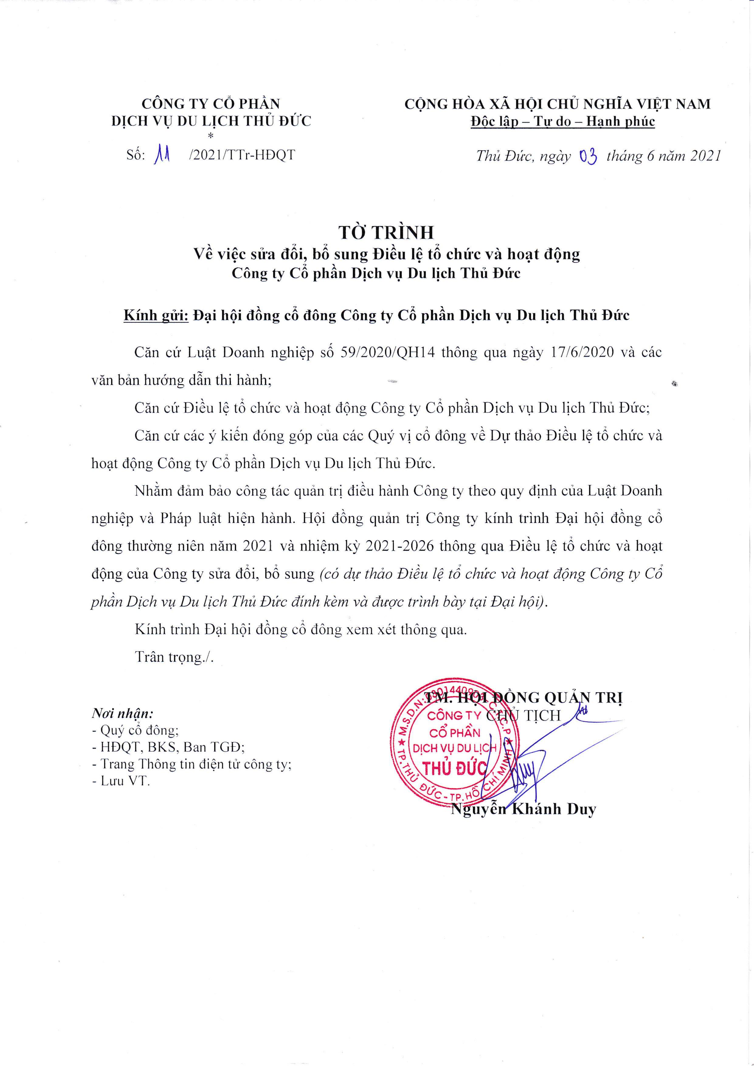 Tờ trình về việc sửa đổi, bổ sung Điều lệ tổ chức và hoạt động Công ty Cổ phần Dịch vụ Du lịch Thủ Đức