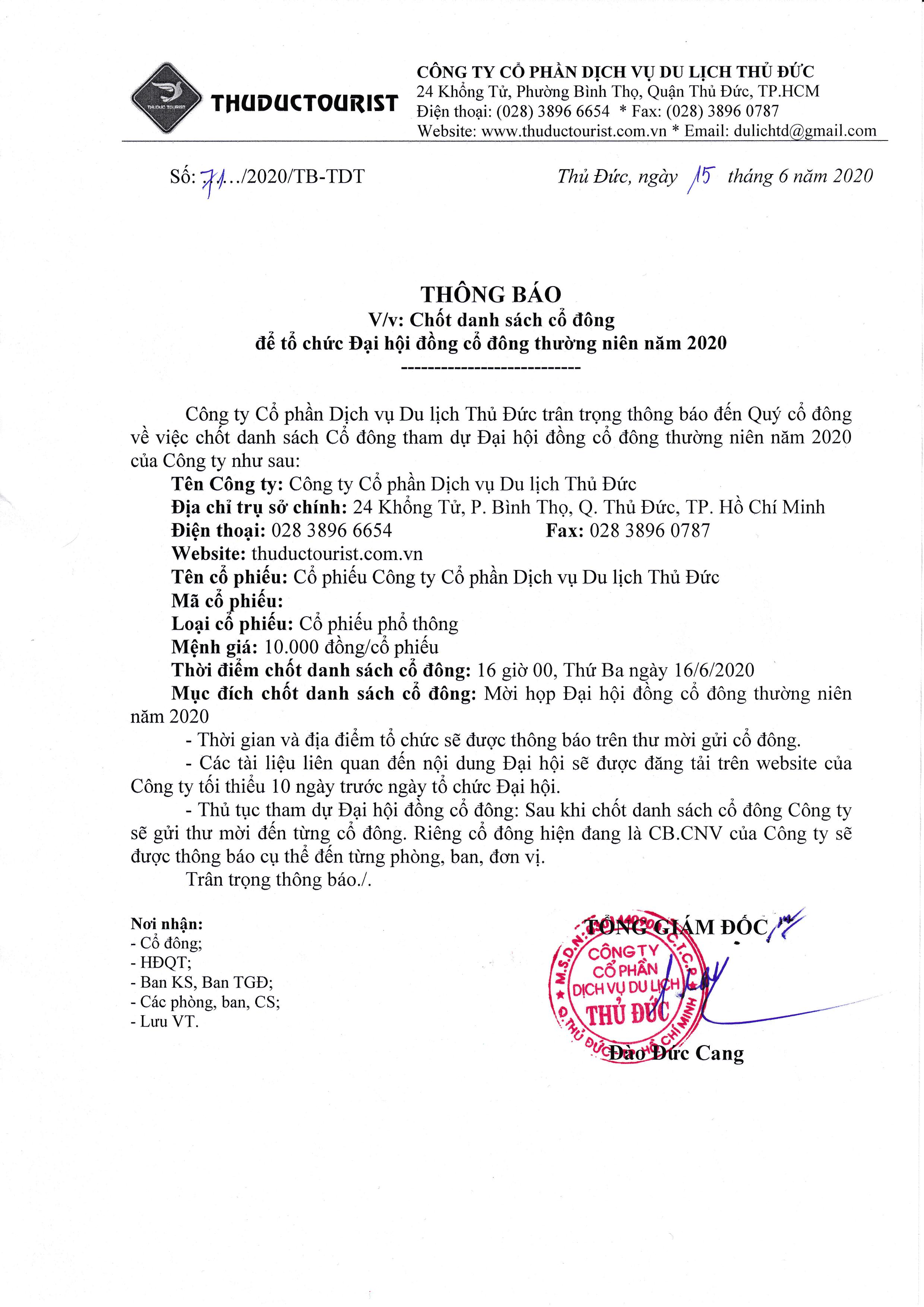 Thông báo v/v chốt danh sách cổ đông để tổ chức Đại hội đồng cổ đông thường niên năm 2020