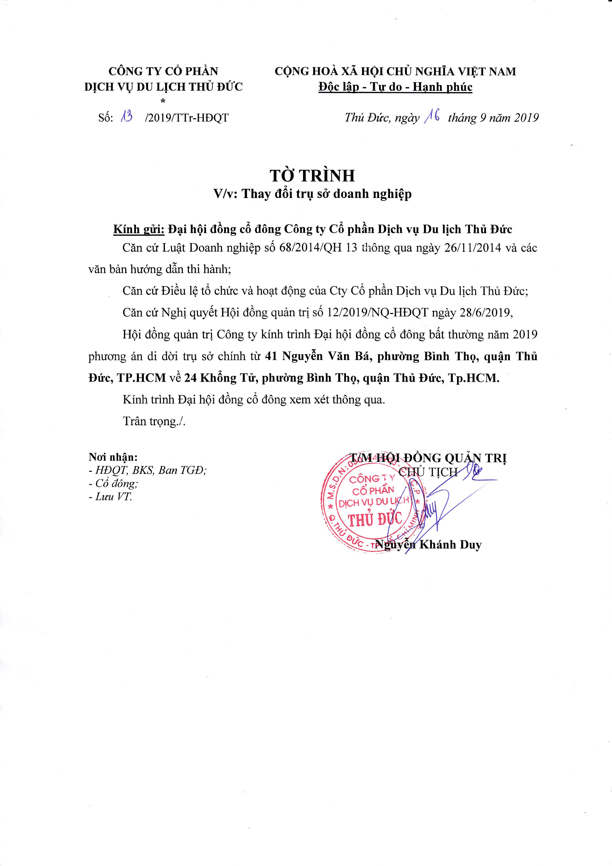 Tờ trình thay đổi trụ sở doanh nghiệp