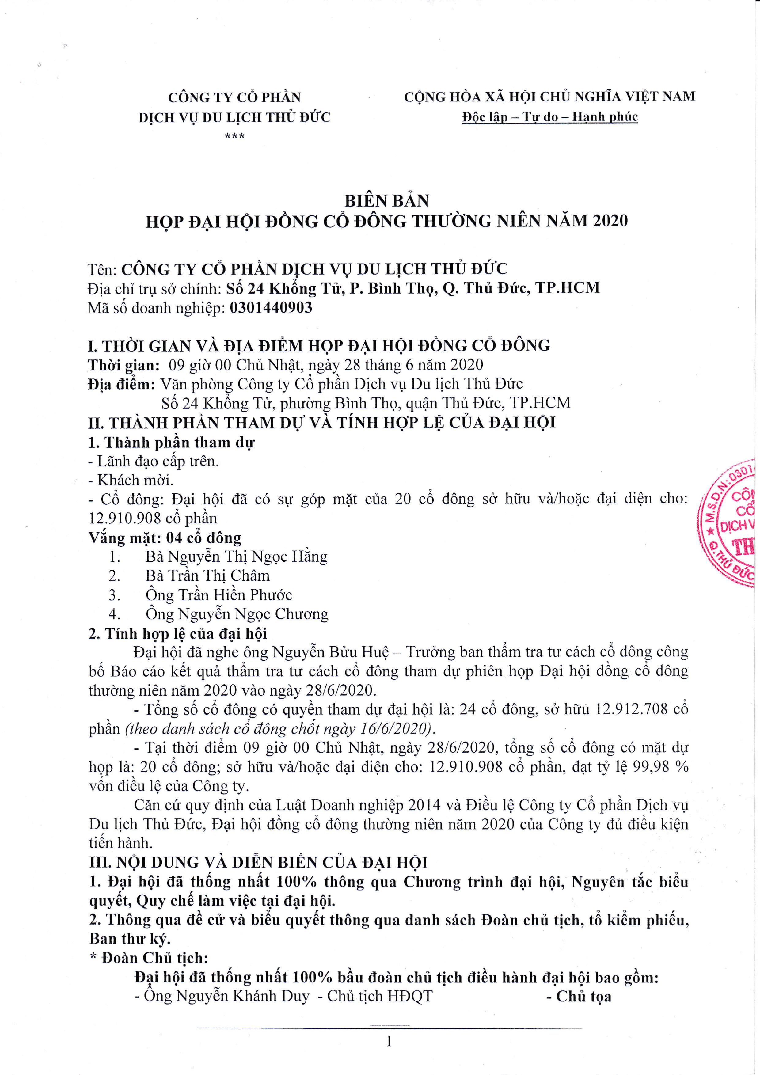 Biên bản họp đại hội đồng cổ đông năm 2020