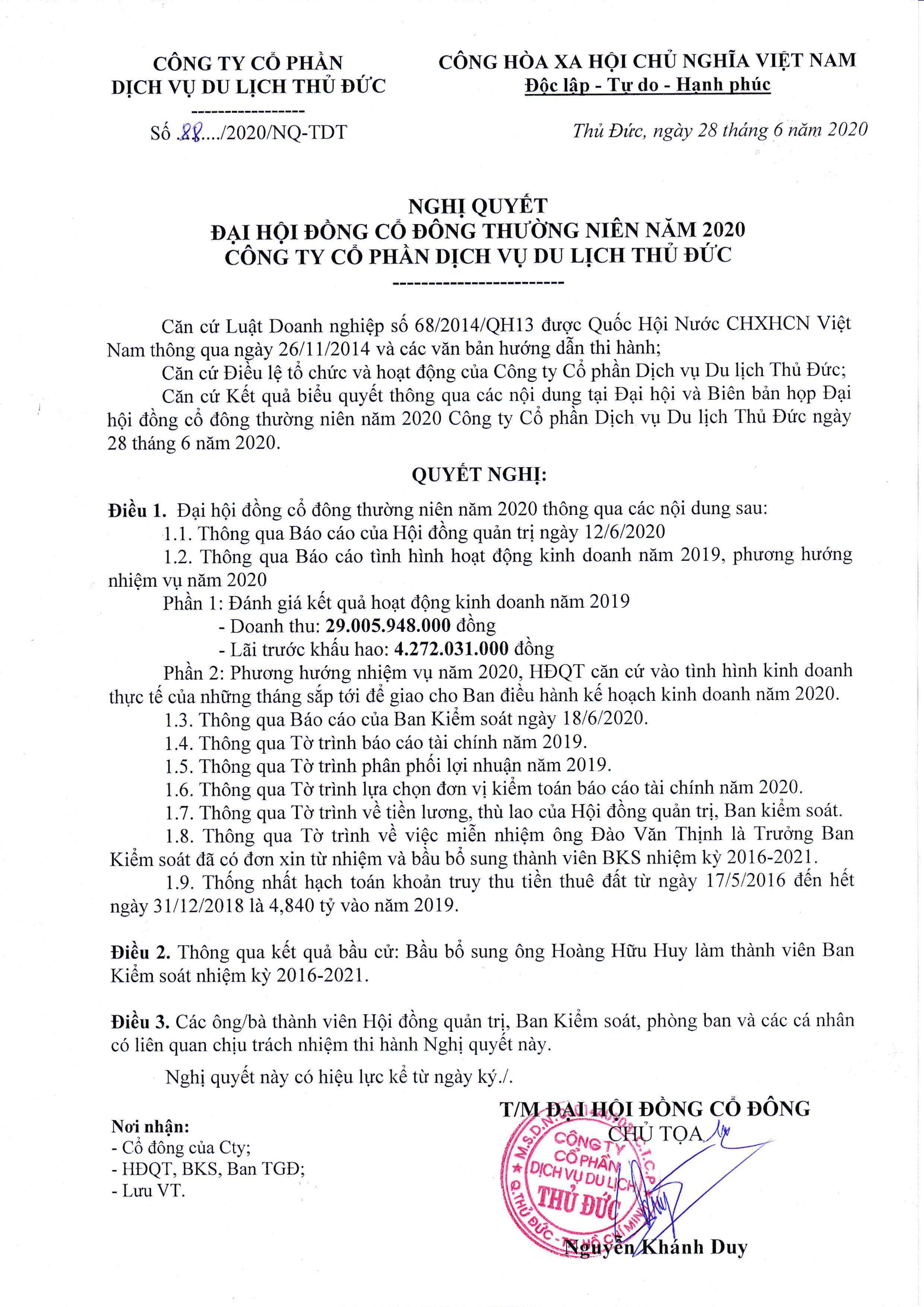 Nghị quyết đại hội đồng cổ đông thường niên năm 2020
