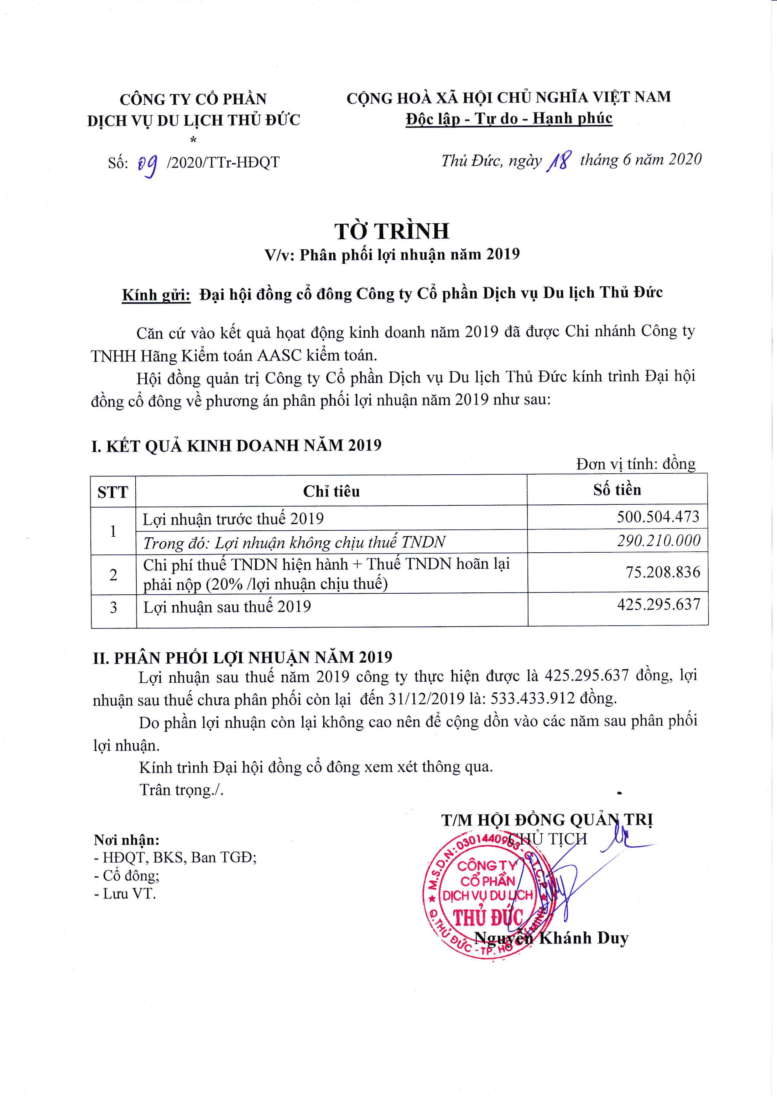 To trinh v/v phan phoi loi nhuan nam 2019