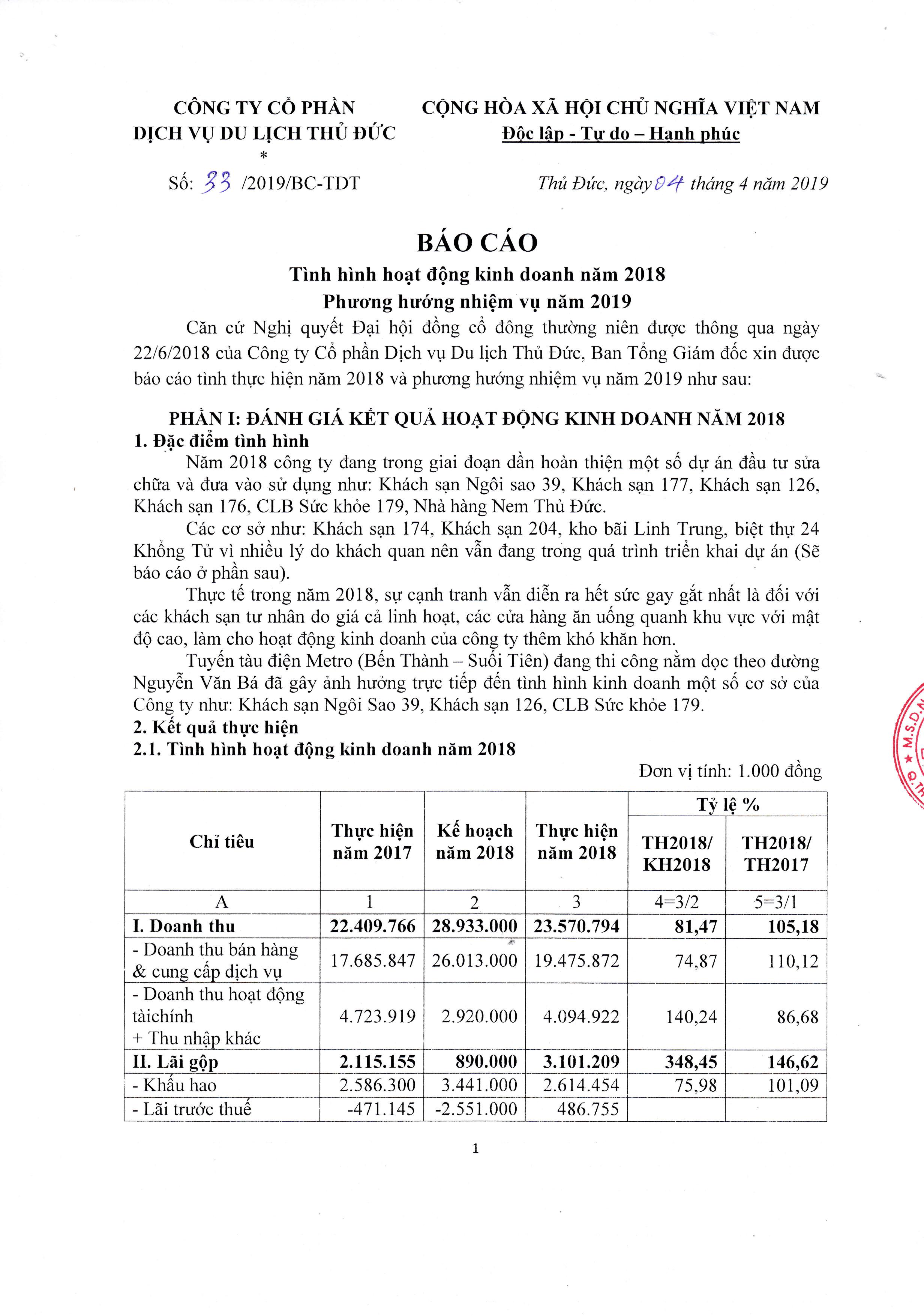 Báo cáo tình hình hoạt động kinh doanh năm 2018 phương hướng năm 2019