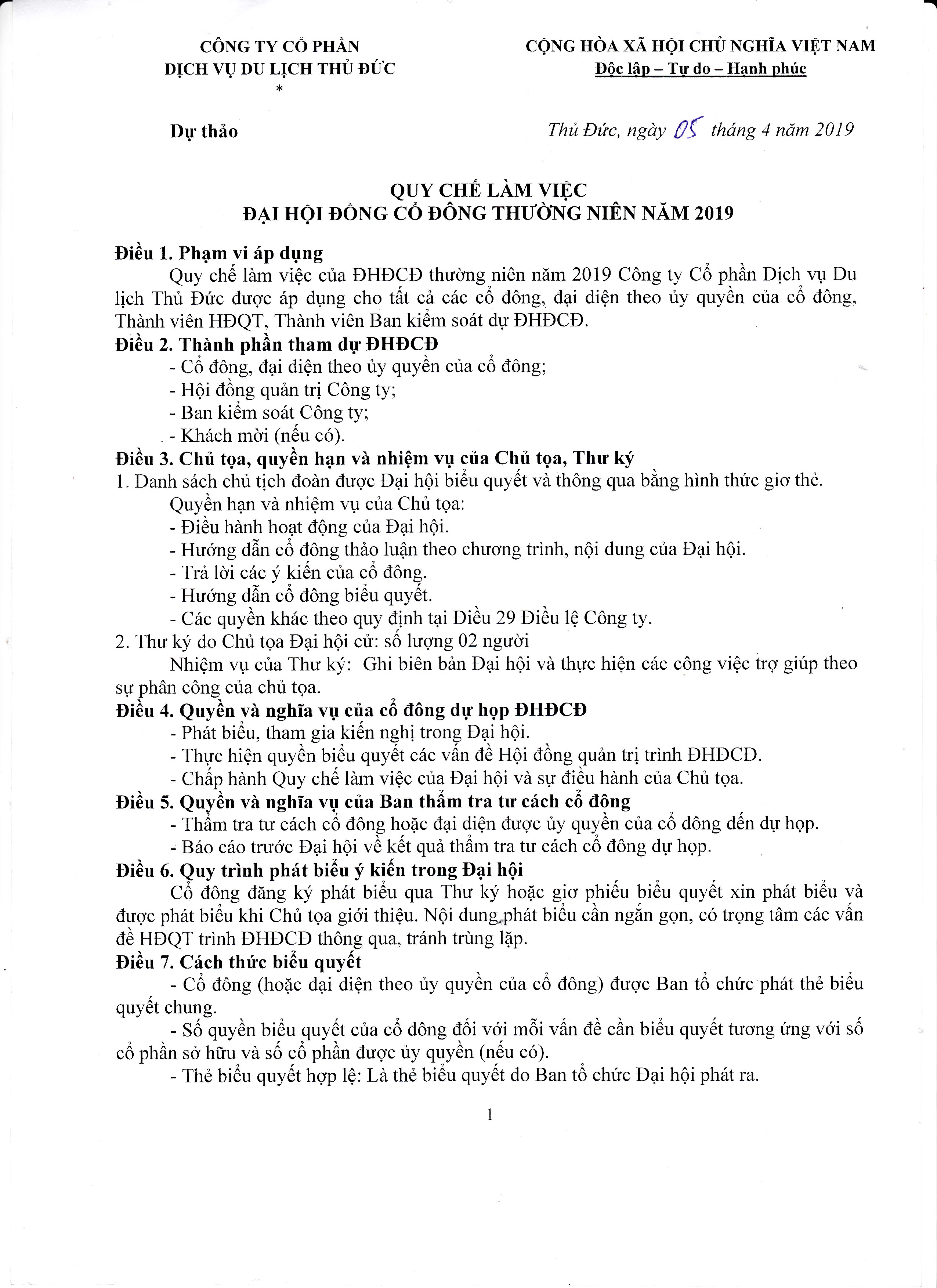 Quy chế làm việc đại hội đồng cổ đông thường niên năm 2019