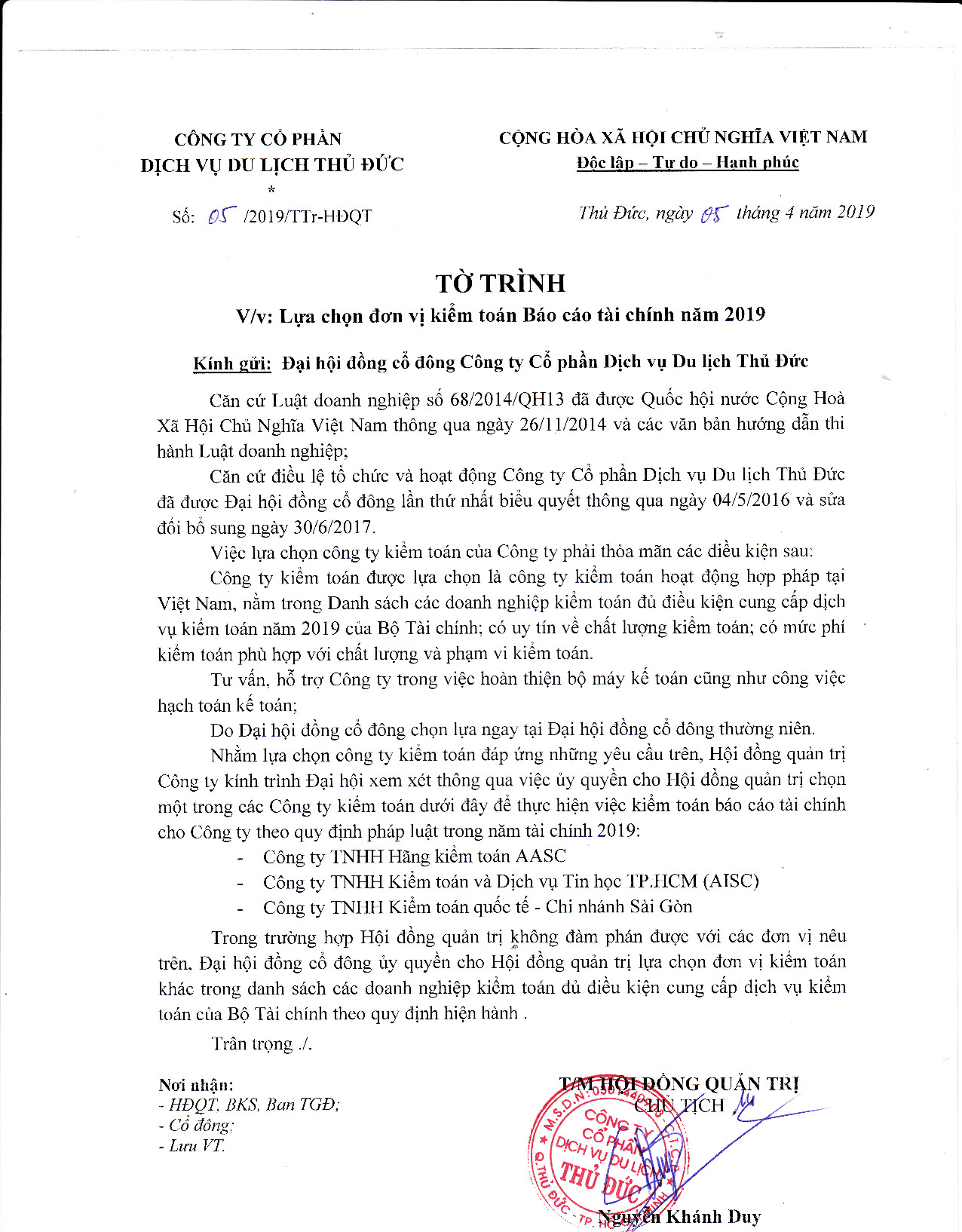 Tờ trình về việc lựa chọn đơn vị kiểm toán báo cáo tài chính năm 2019