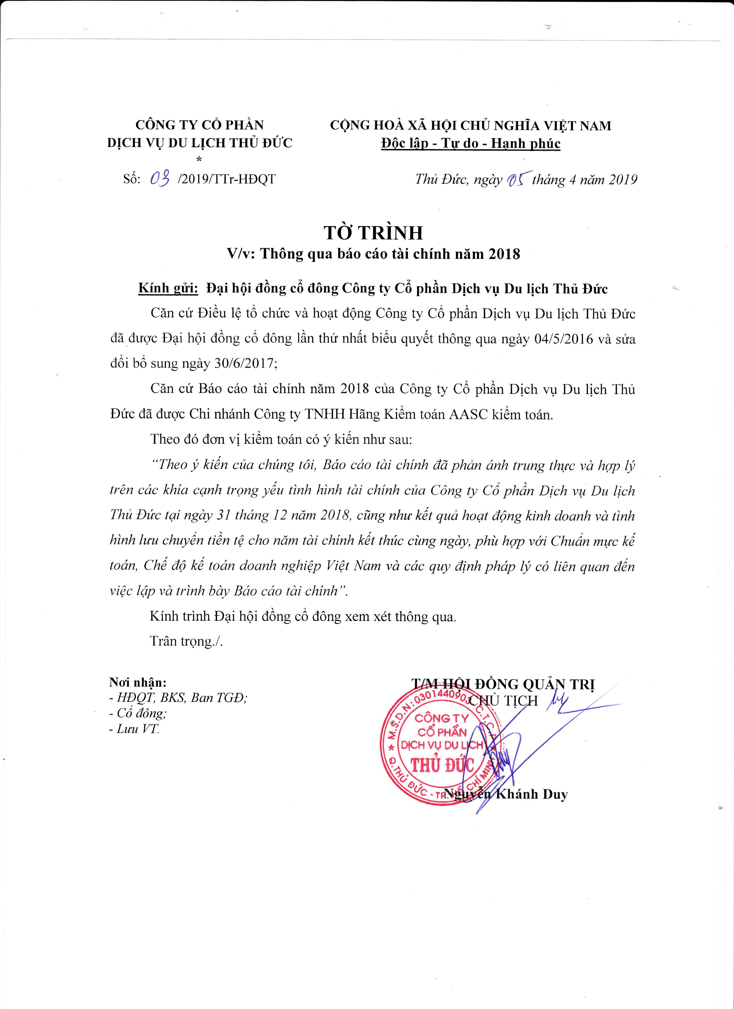 Tờ trình về việc thông qua báo cáo tài chính năm 2018