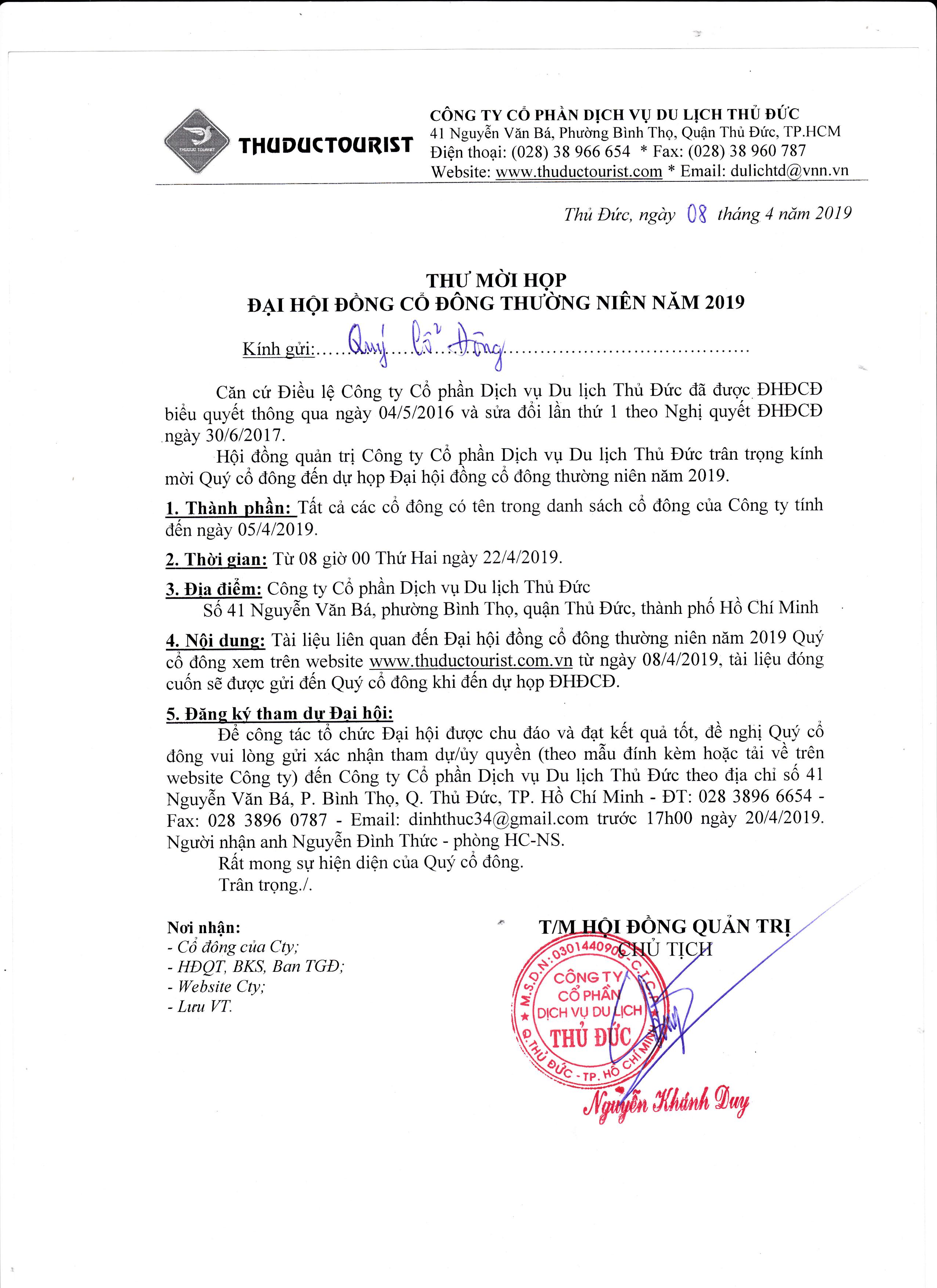 Thư mời họp đại hội đồng cổ đông thường niên năm 2019