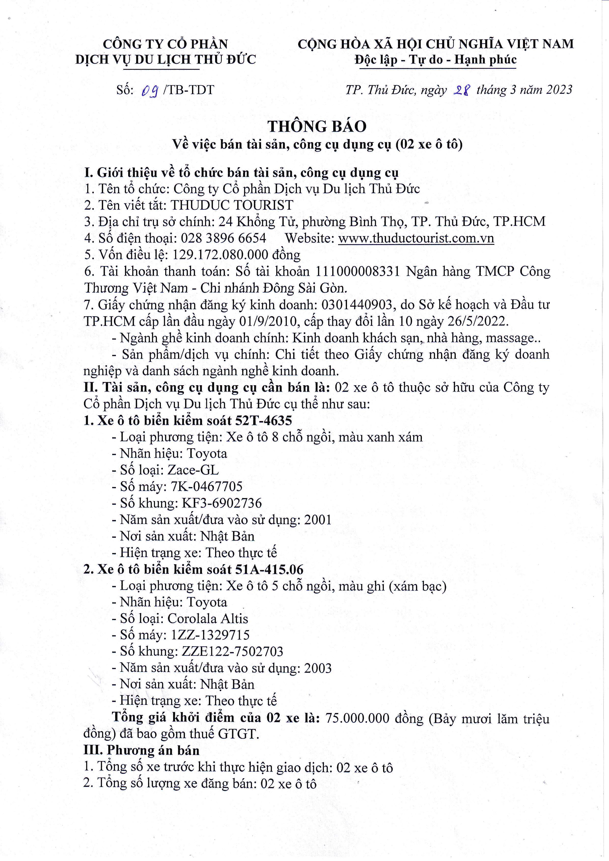 THÔNG BÁO BÁN TÀI SẢN, CÔNG CỤ DỤNG CỤ