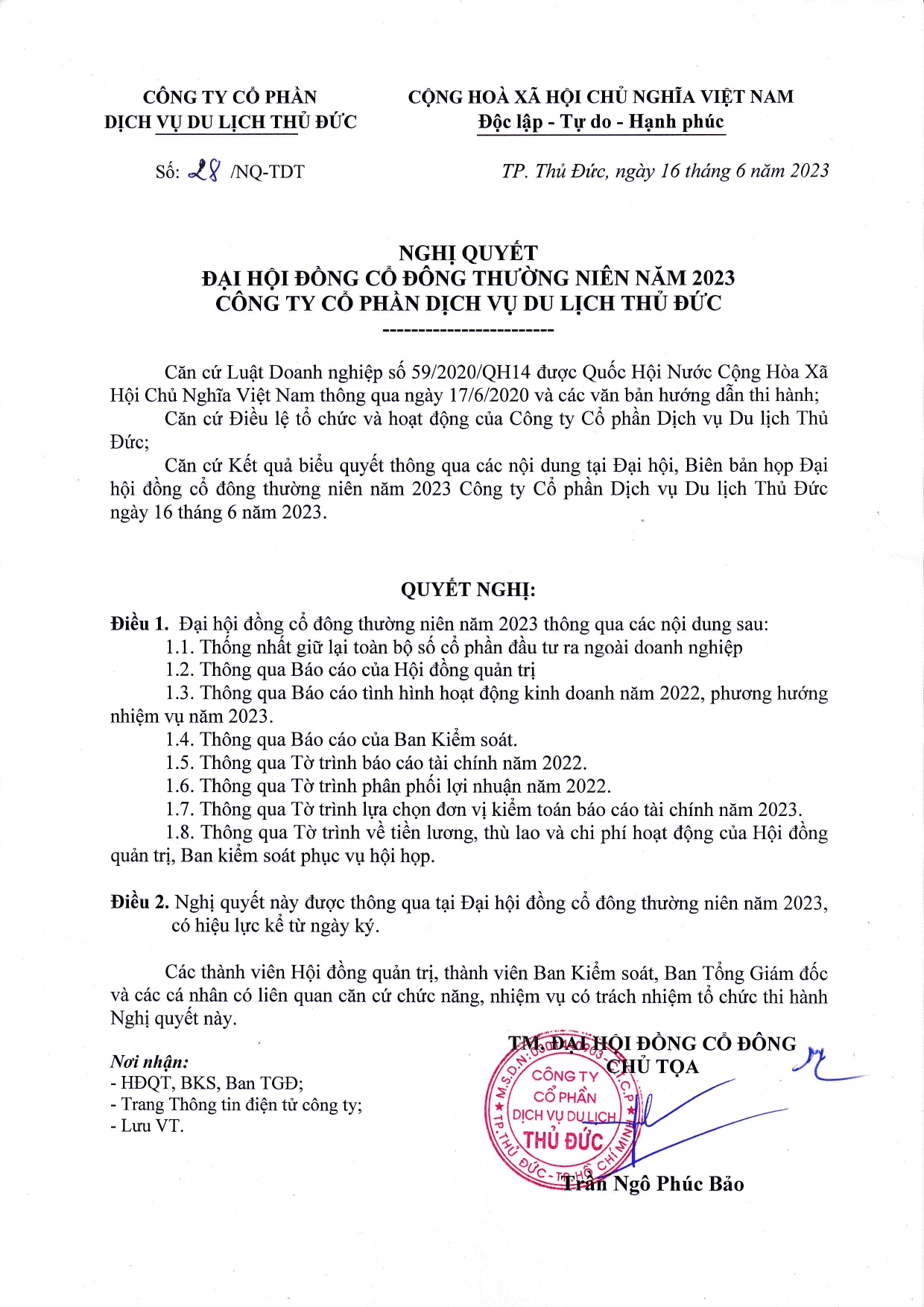 Nghị Quyết và Quyết Định ĐHĐCĐ thường niên năm 2023