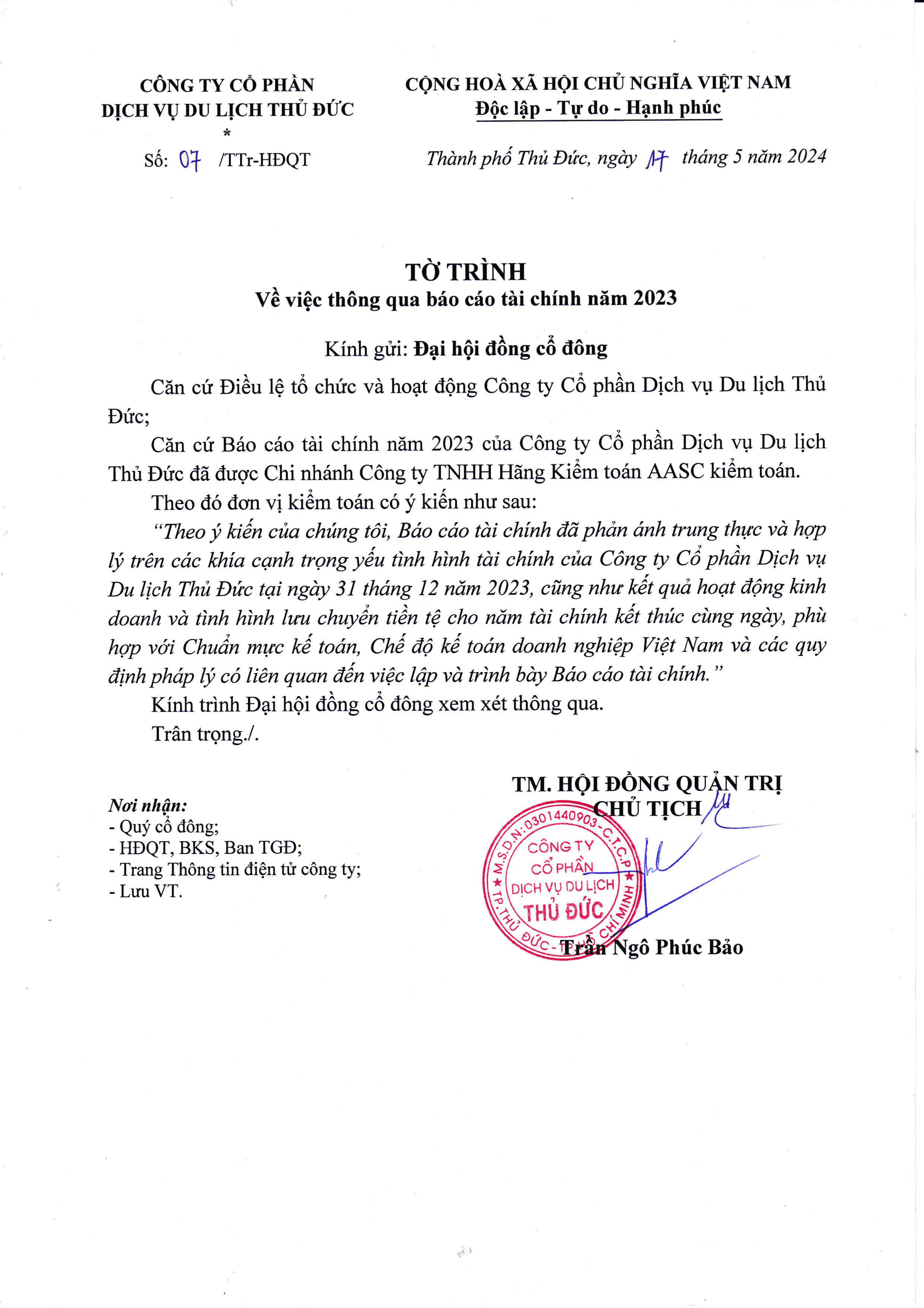 Tờ trình thông qua báo cáo tài chính năm 2023