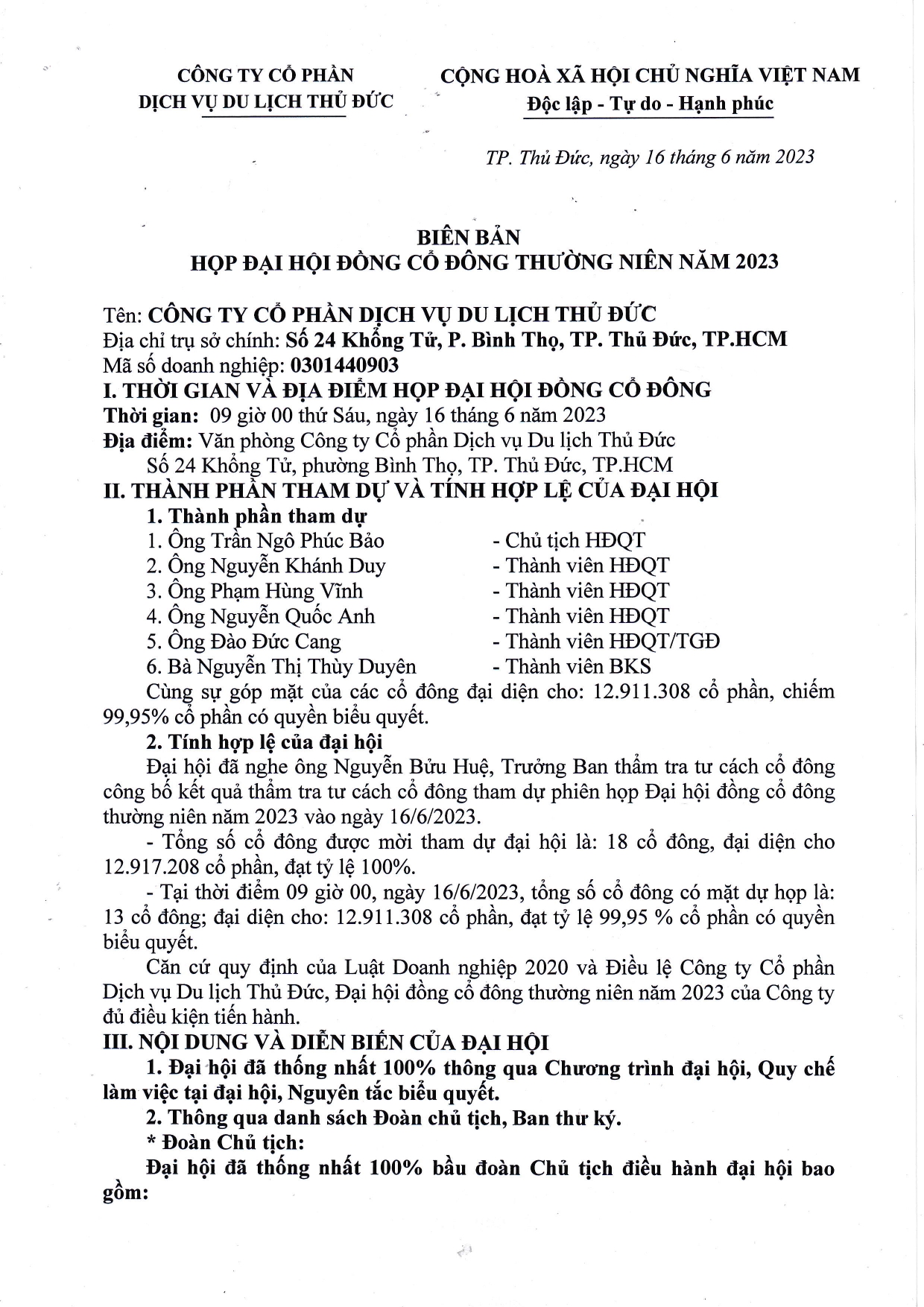 Biên bản họp ĐHĐCĐ thường niên năm 2023