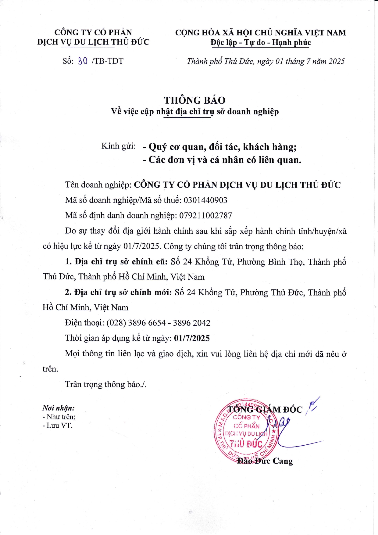 Thông báo về việc cập nhật địa chỉ trụ sở doanh nghiệp