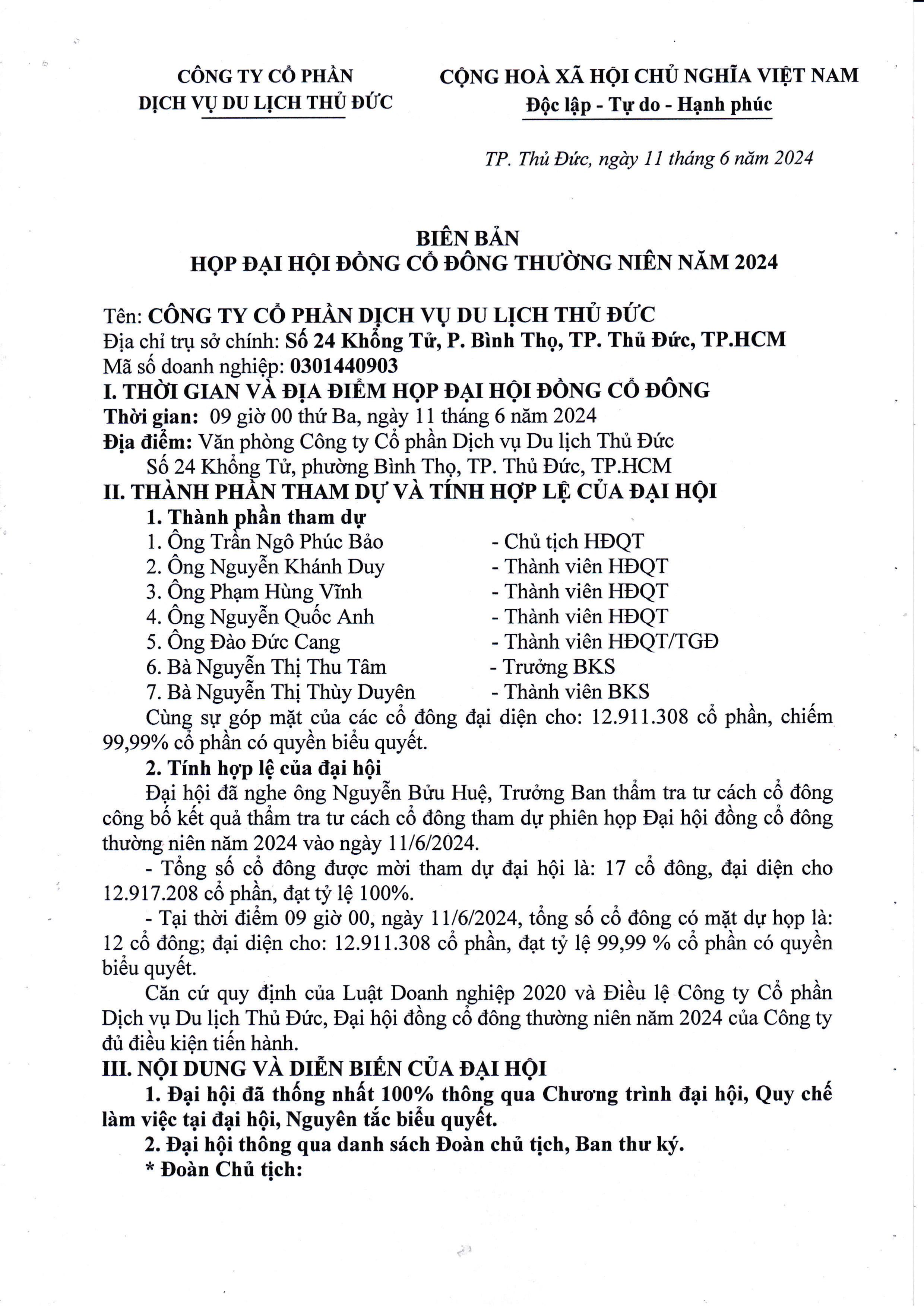Biên bản họp ĐHĐCĐ thường niên năm 2024