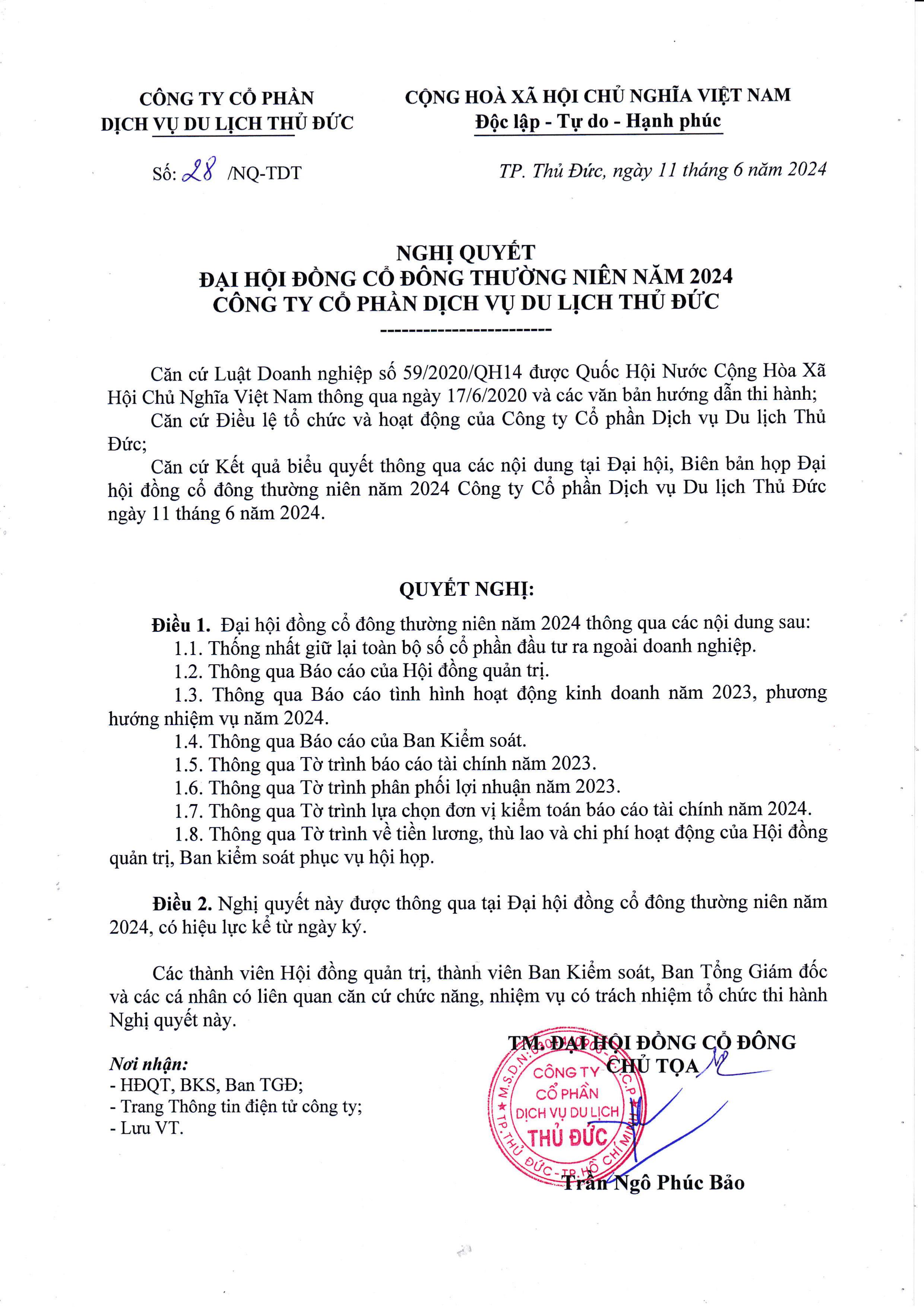 Nghị Quyết ĐHĐCĐ thường niên năm 2024