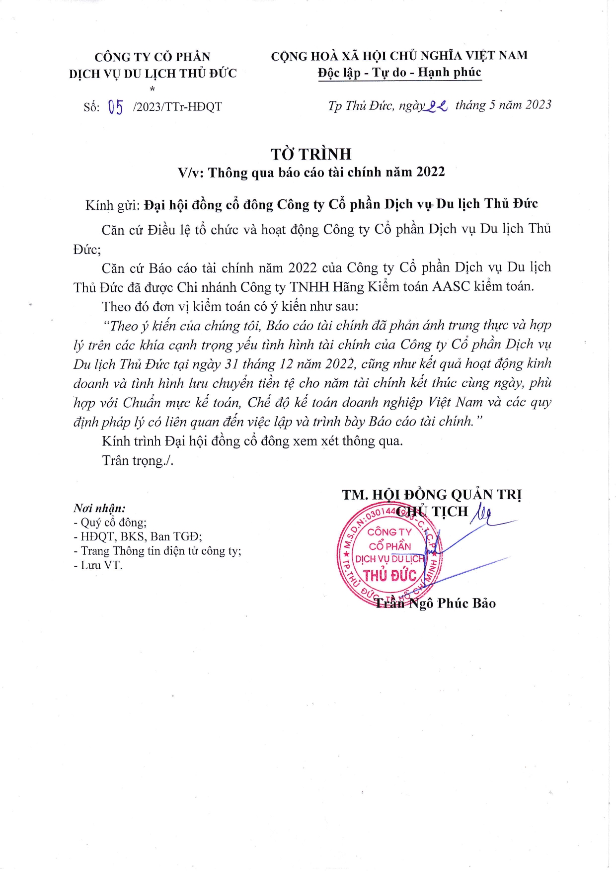 Tờ trình thông qua báo cáo tài chính năm 2022