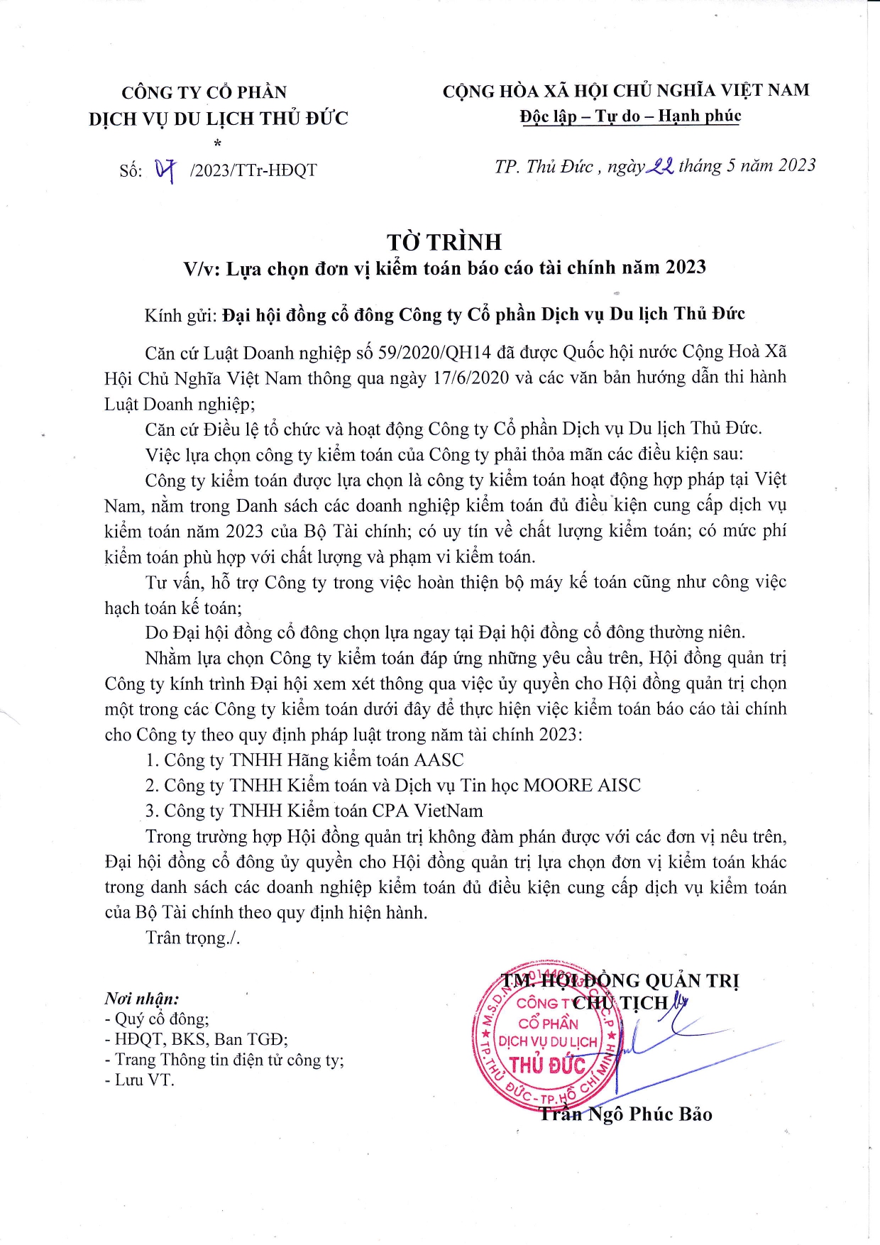 Tờ trình lựa chọn đơn vị kiểm toán báo cáo tài chính năm 2023