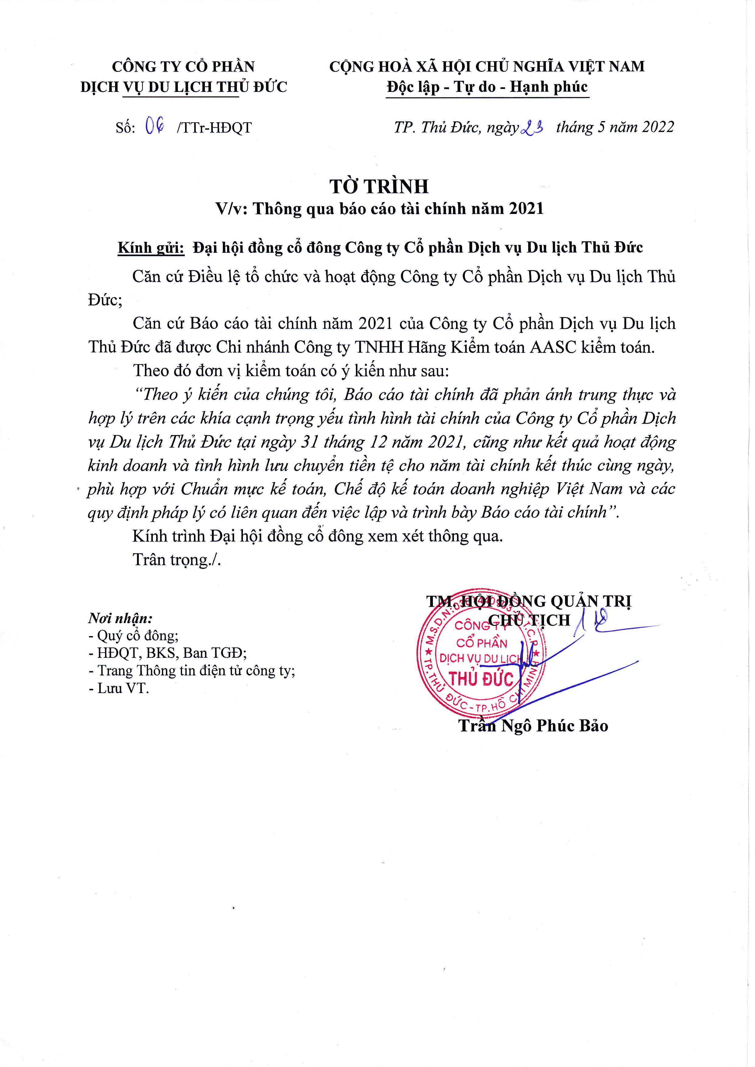 Tờ trình thông qua báo cáo tài chính năm 2021