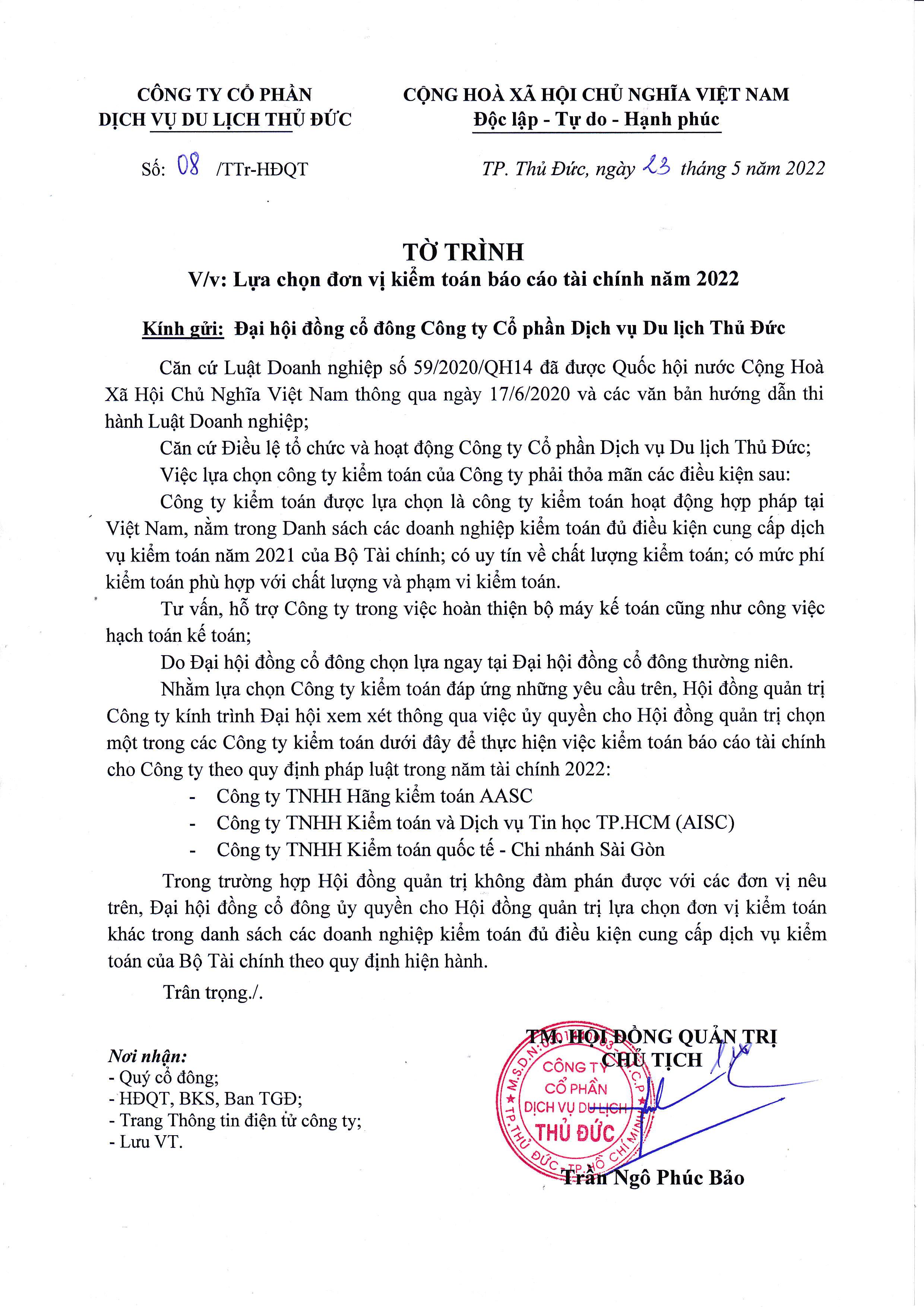 Tờ trình lựa chọn đơn vị kiểm toán báo cáo tài chính năm 2022