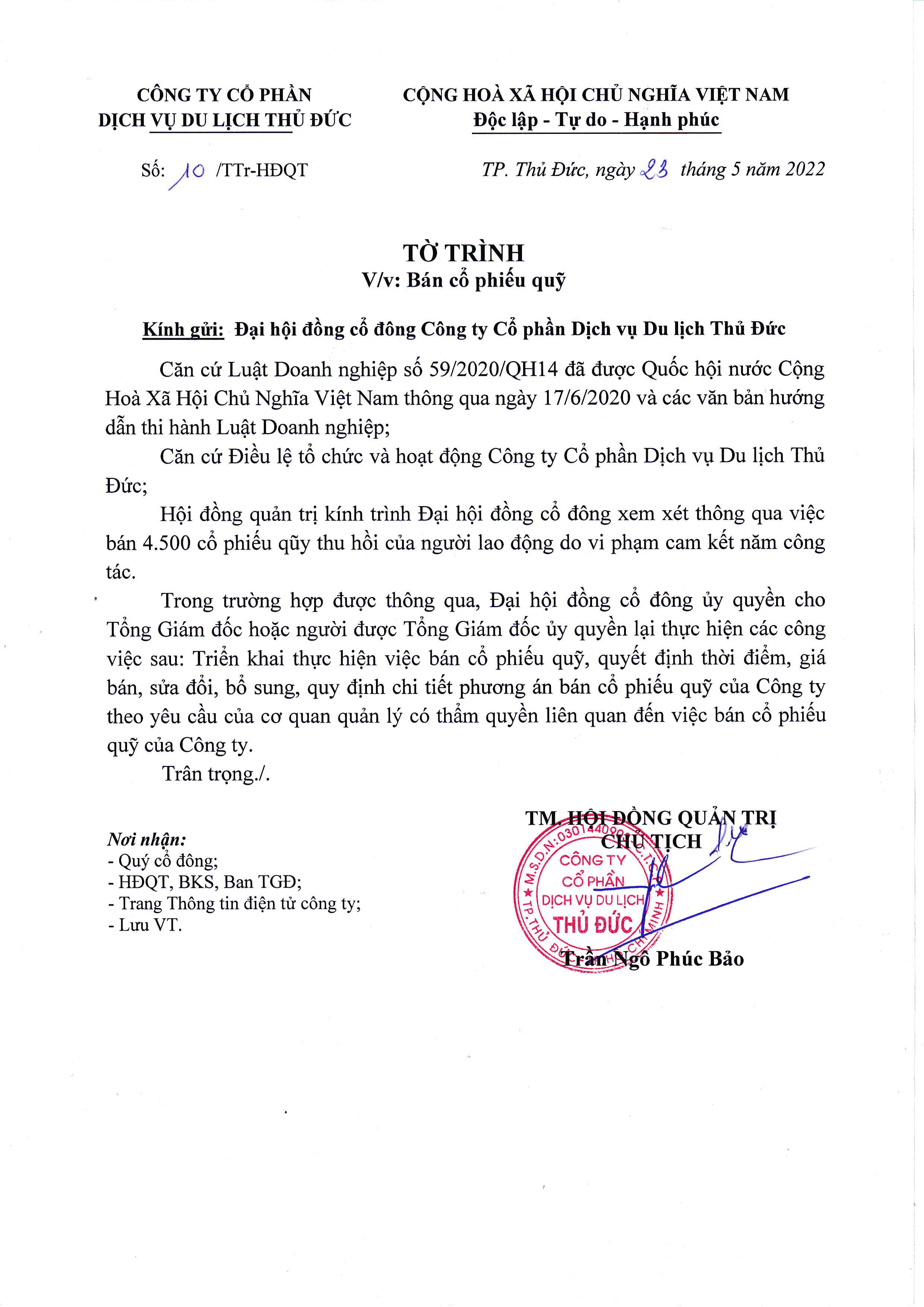 Tờ trình bán cổ phiếu quỹ