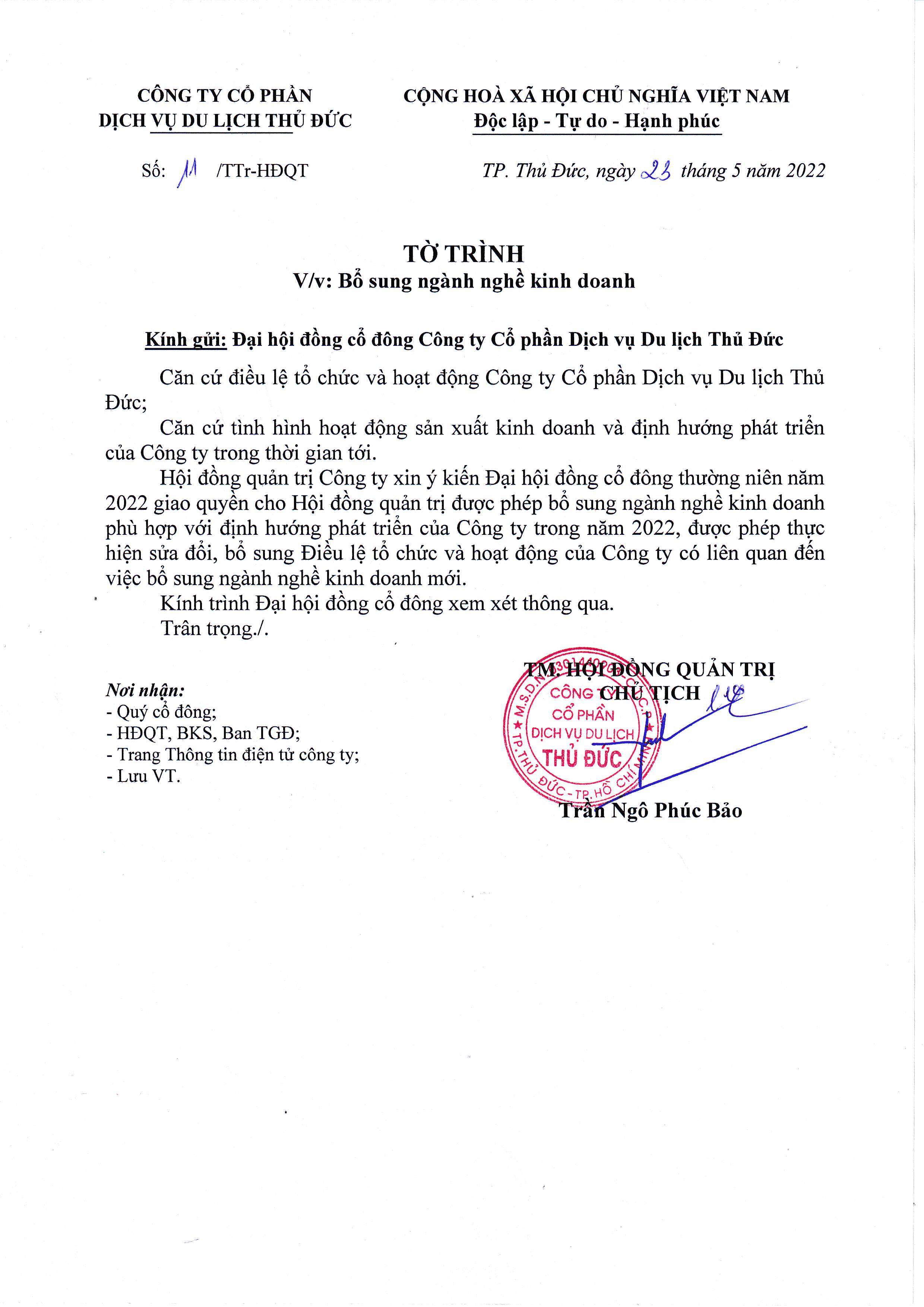 Tờ trình bổ sung ngành nghề kinh doanh