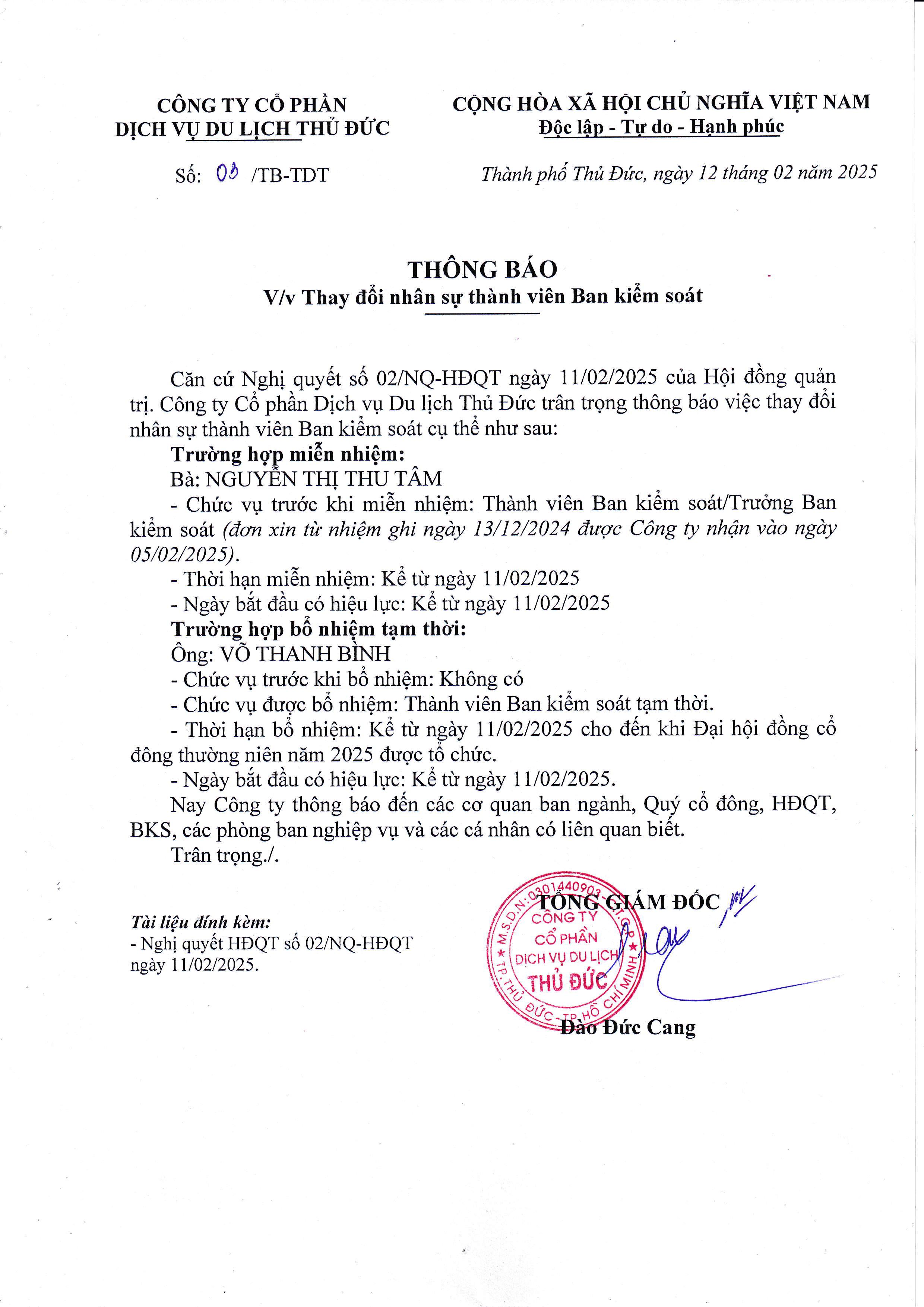 Thông báo thay đổi nhân sự thành viên Ban kiểm soát