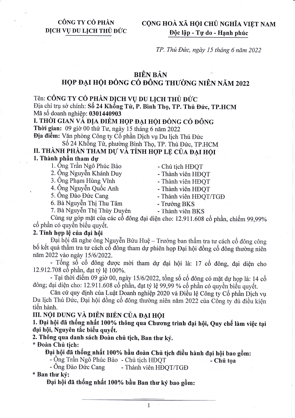 Biên bản họp ĐHĐCĐ thường niên năm 2022