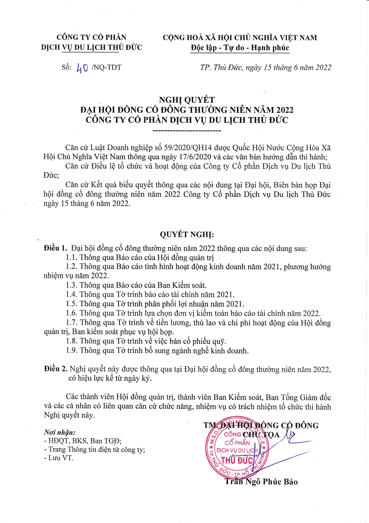 Nghị Quyết ĐHĐCĐ thường niên năm 2022