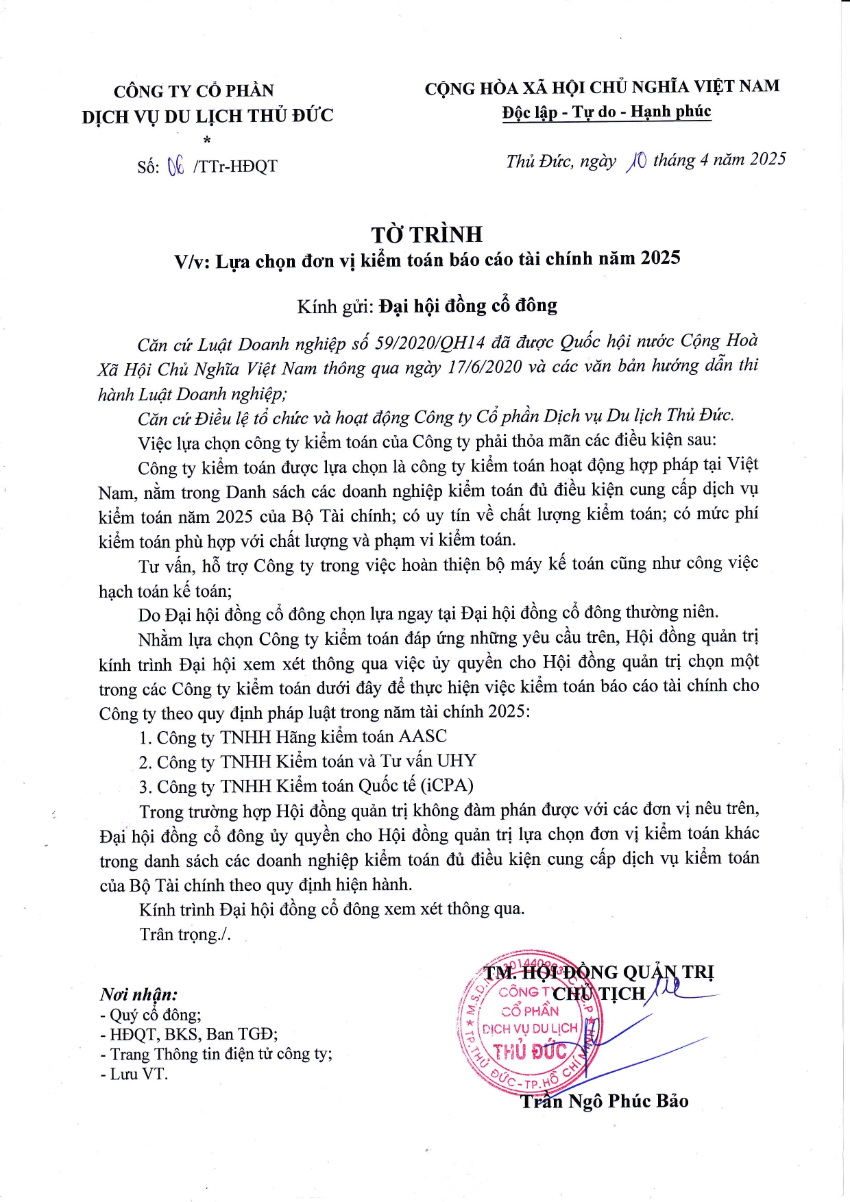 Tờ trình lựa chọn đơn vị kiểm toán báo cáo tài chính năm 2025