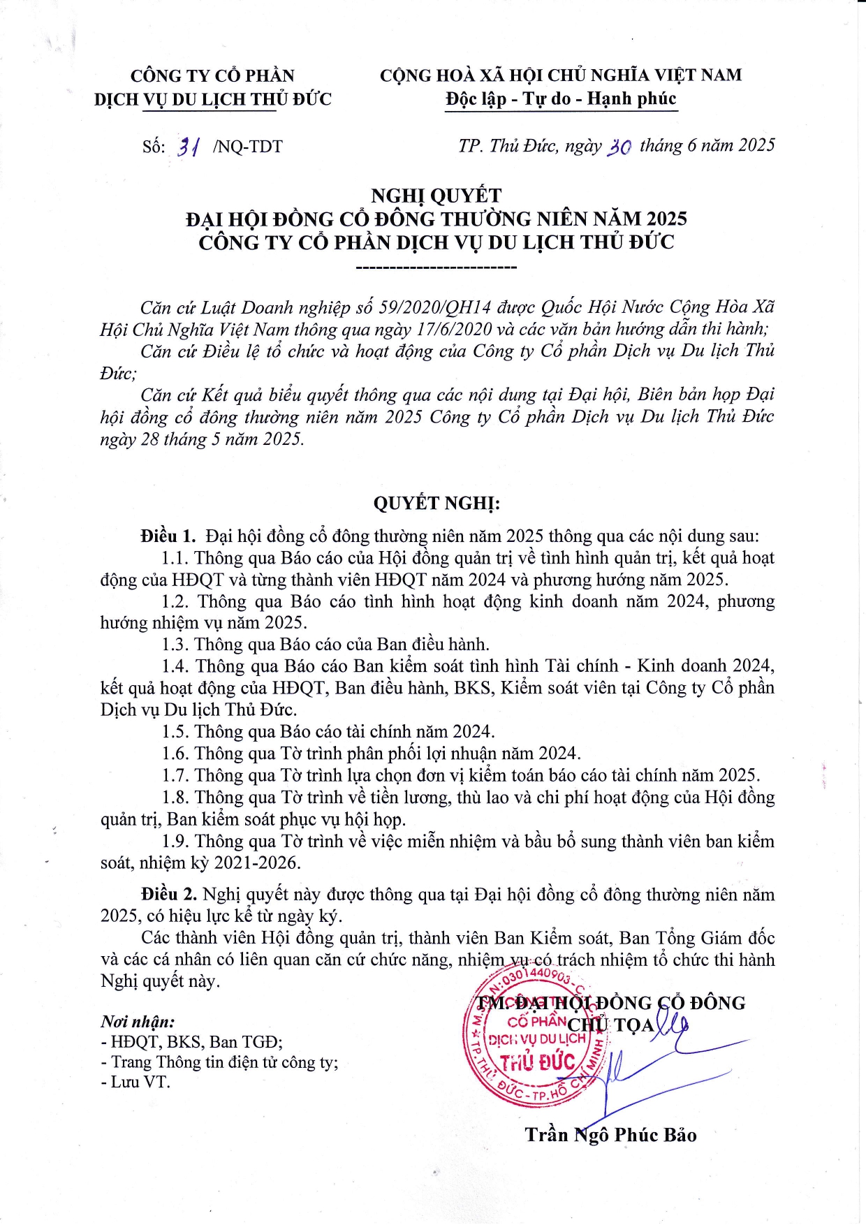 Nghị Quyết ĐHĐCĐ thường niên năm 2025