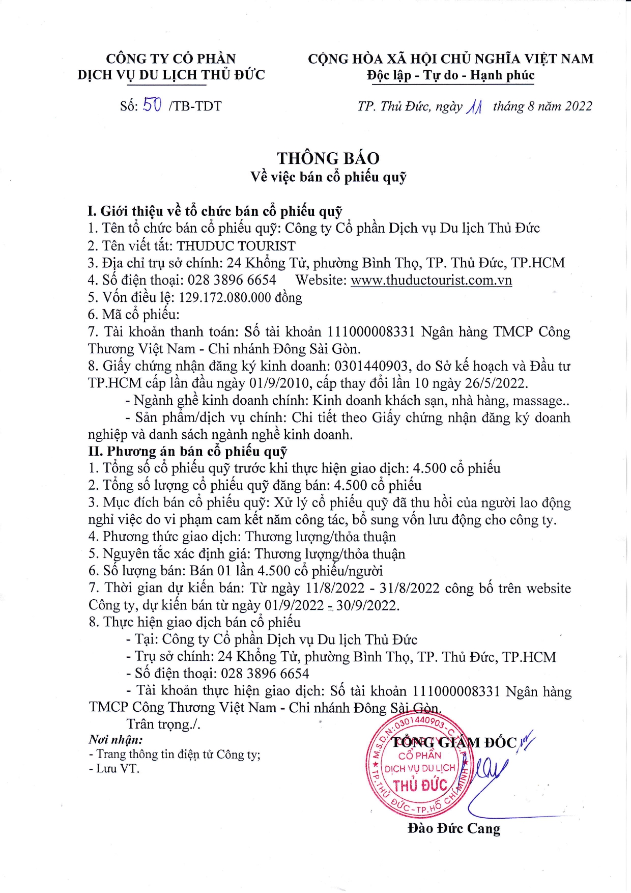 Thông báo về việc bán cổ phiếu quỹ