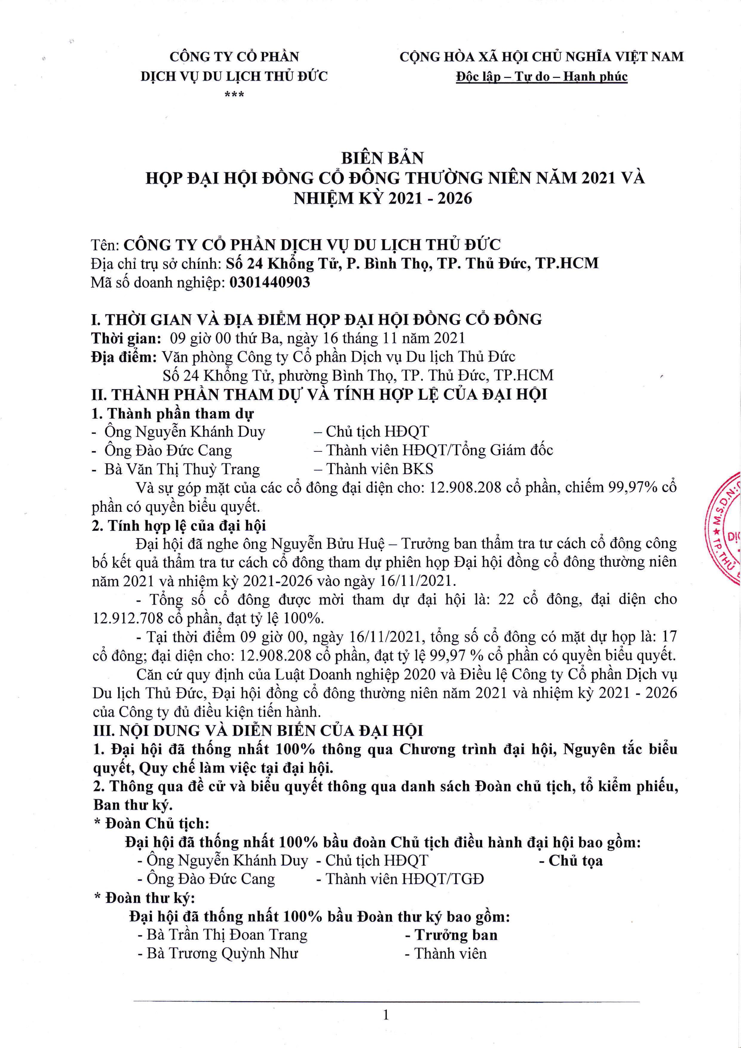 Biên bản ĐHĐCĐ thường niên năm 2021