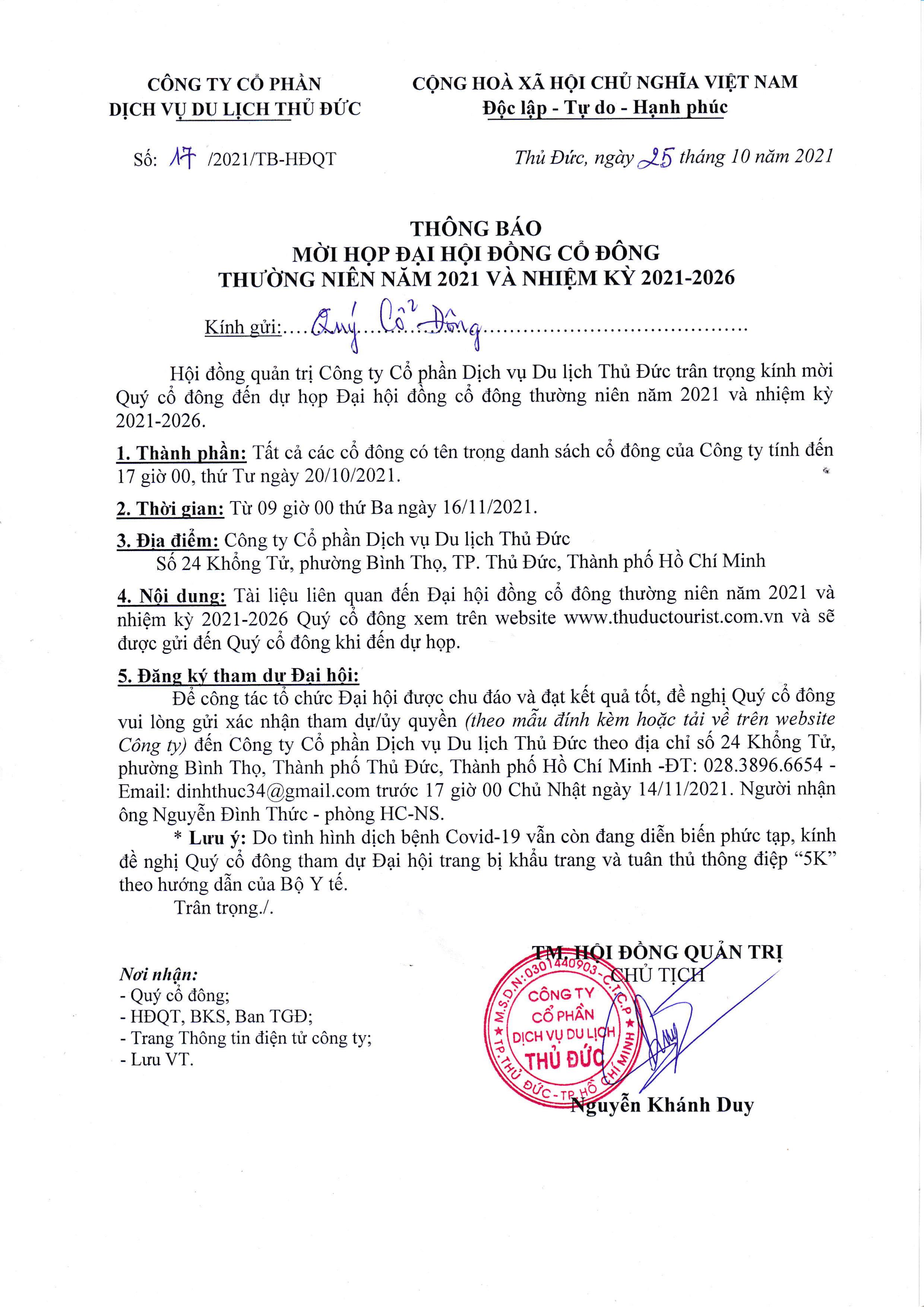 Thông báo mời họp Đại hội đồng cổ đông thường niên năm 2021 và nhiệm kỳ 2021-2026