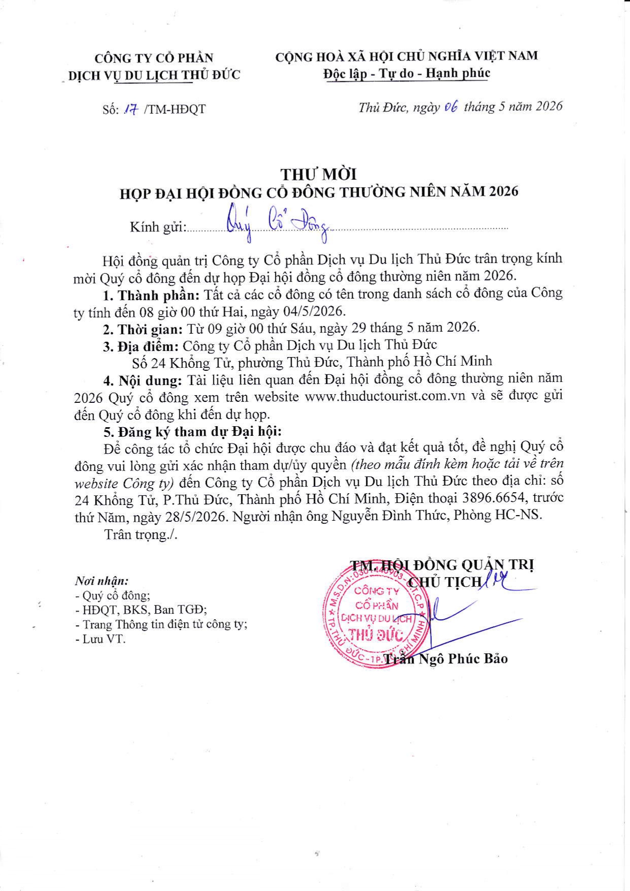 Tài liệu họp Đại hội đồng cổ đông thường niên 2026