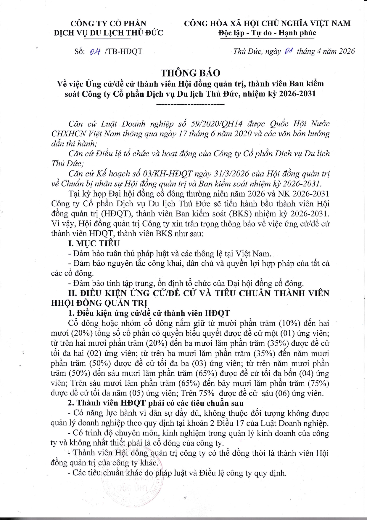 Thông báo về việc Ứng cử/đề cử thành viên HĐQT, thành viên BKS của Công ty nhiệm kỳ 2026-2031